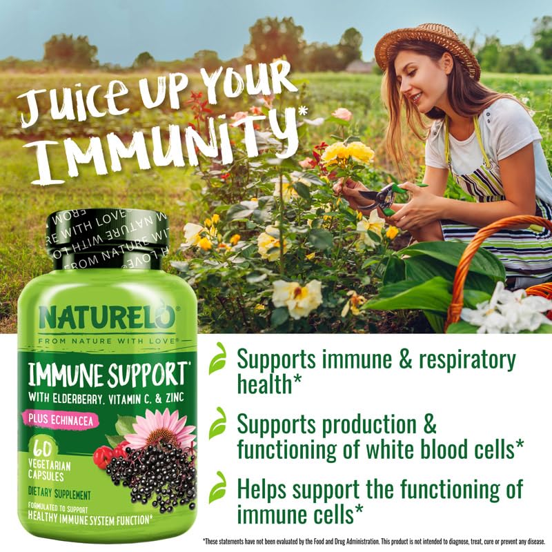 NATURELO Immune Support – Vitamin C, Elderberry, Zinc, Echinacea – Natural Immunity Boost w/Antioxidant, Herbal & Mineral Defense - 60 Vegan Capsules - Image 5