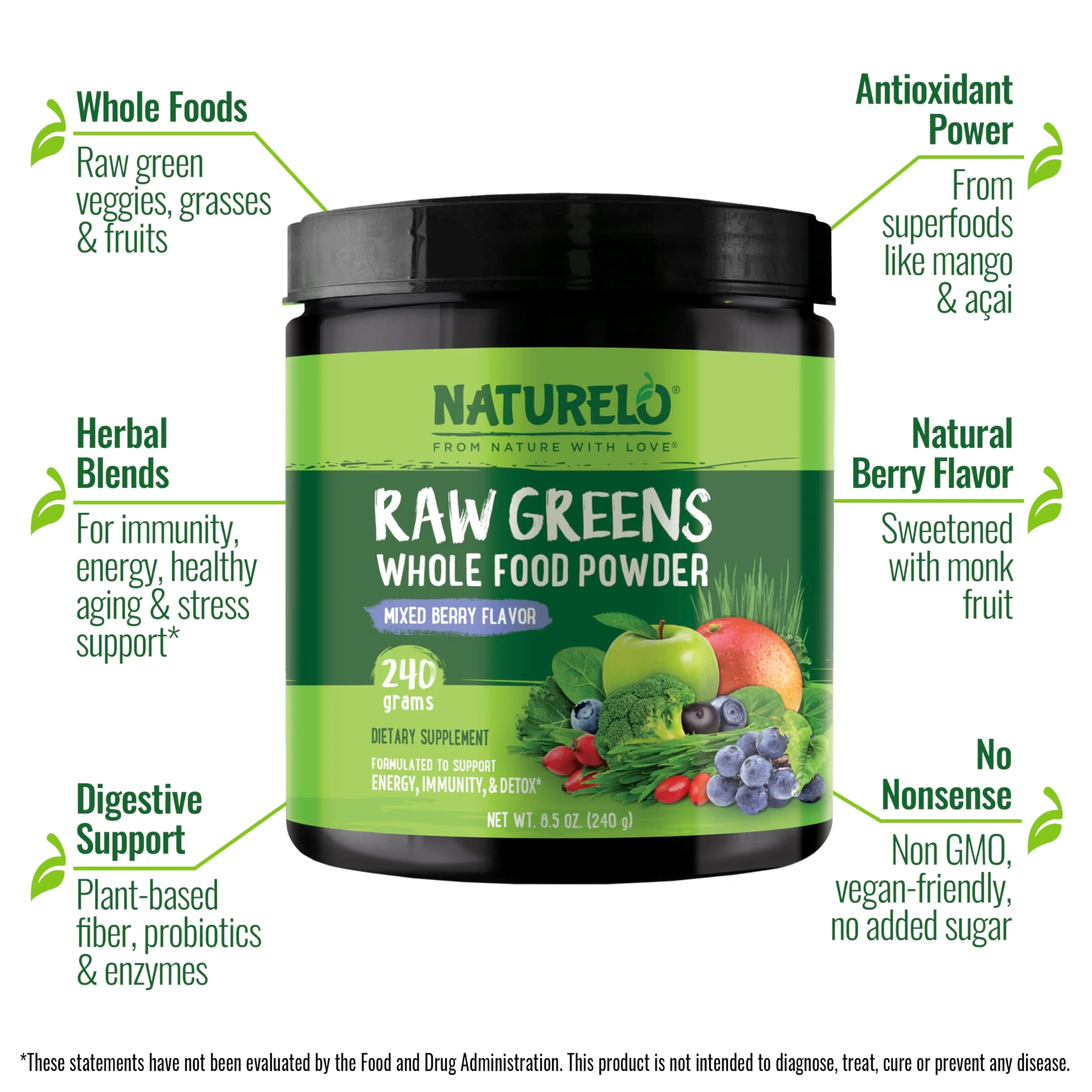 NATURELO Raw Greens Superfood Powder 240 Grams, Mixed Berry - Supports Energy, Immunity and Detox - Includes Spirulina, Wheat Grass and Organic Greens for Whole Food Nutrition - Image 8