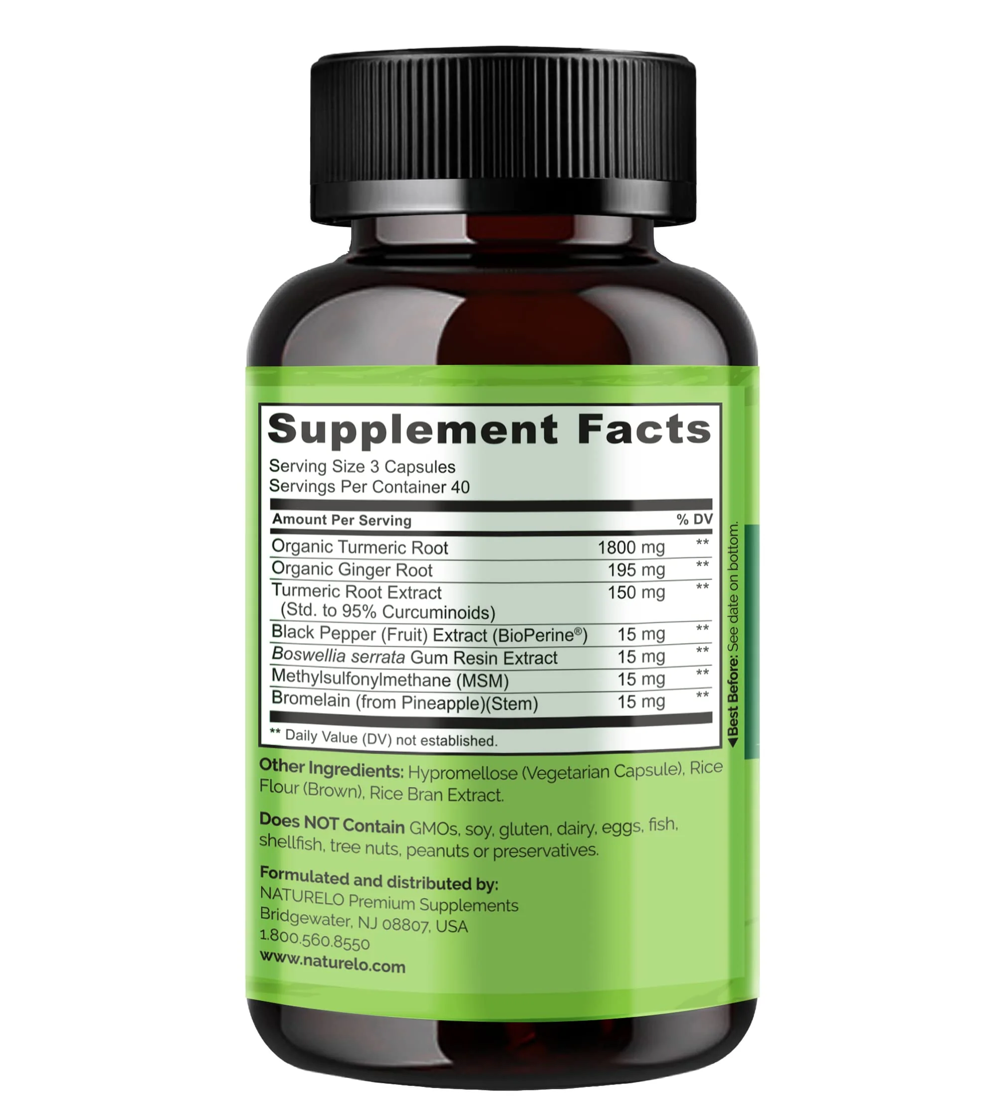 NATURELO Turmeric Curcumin - BioPerine for Better Absorption - Black Pepper, Ginger Root, Curcuminoids - Plant-Based Joint Discomfort Support - 120 Vegan Capsules (Pack of 2) - Image 3