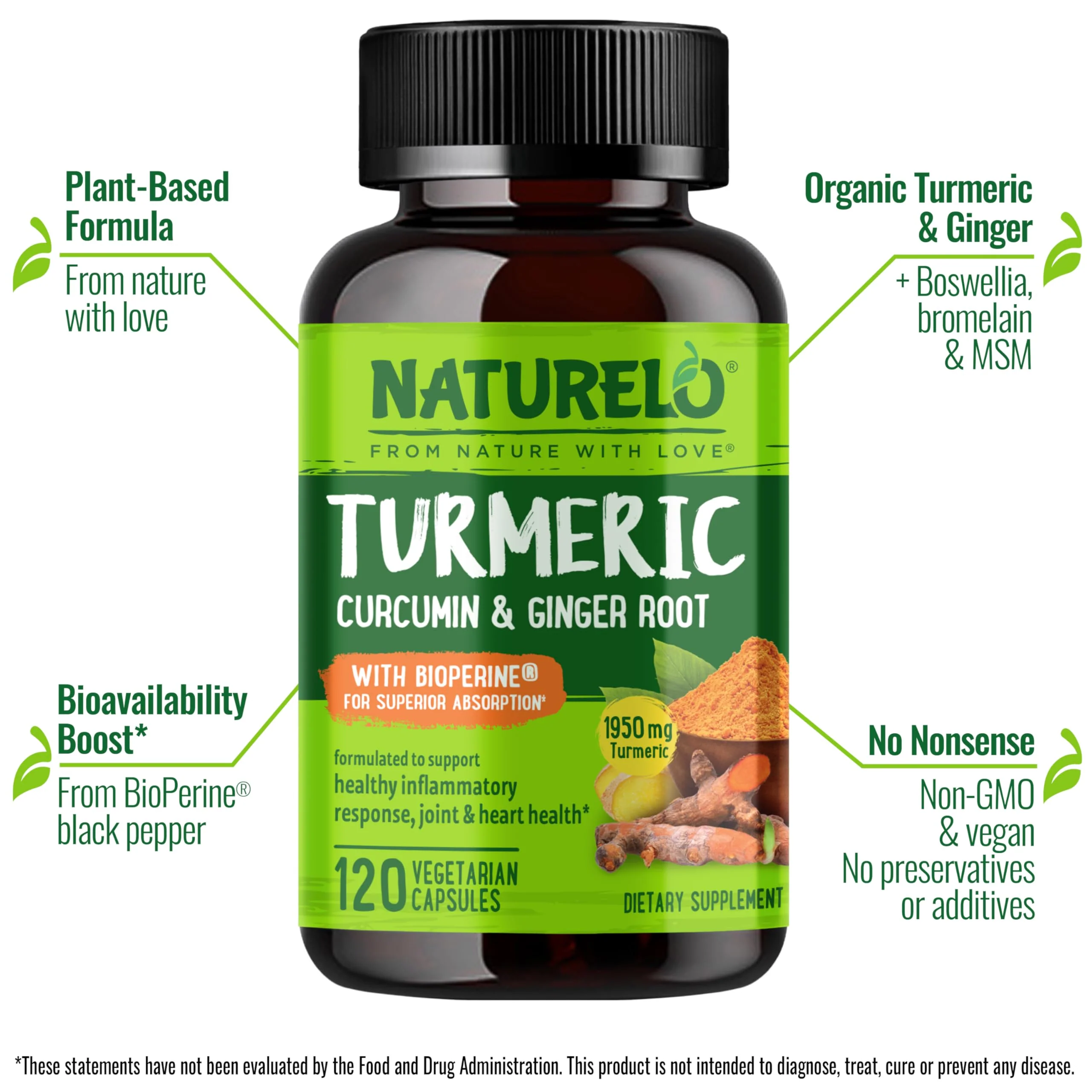 NATURELO Turmeric Curcumin - BioPerine for Better Absorption - Black Pepper, Ginger Root, Curcuminoids - Plant-Based Joint Discomfort Support - 120 Vegan Capsules (Pack of 2) - Image 8