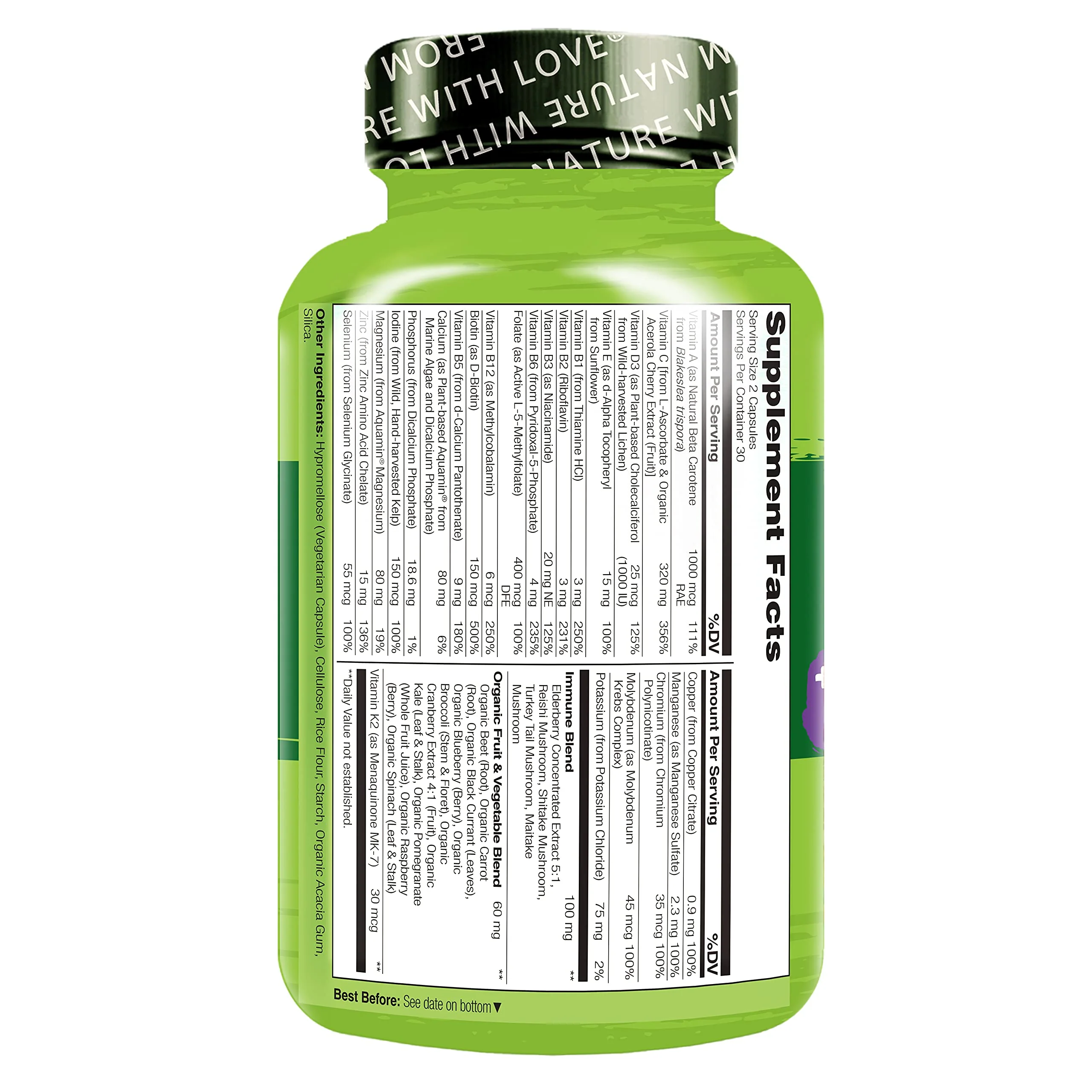 NATURELO Whole Food Multivitamin + Immune Blend with Elderberry & Mushrooms - Complete Multivitamin with Extra Immune Support - C, D3, Zinc, Elderberry, Reishi, Shitake, 60 Vegan Capsules (Pack of 2) - Image 2