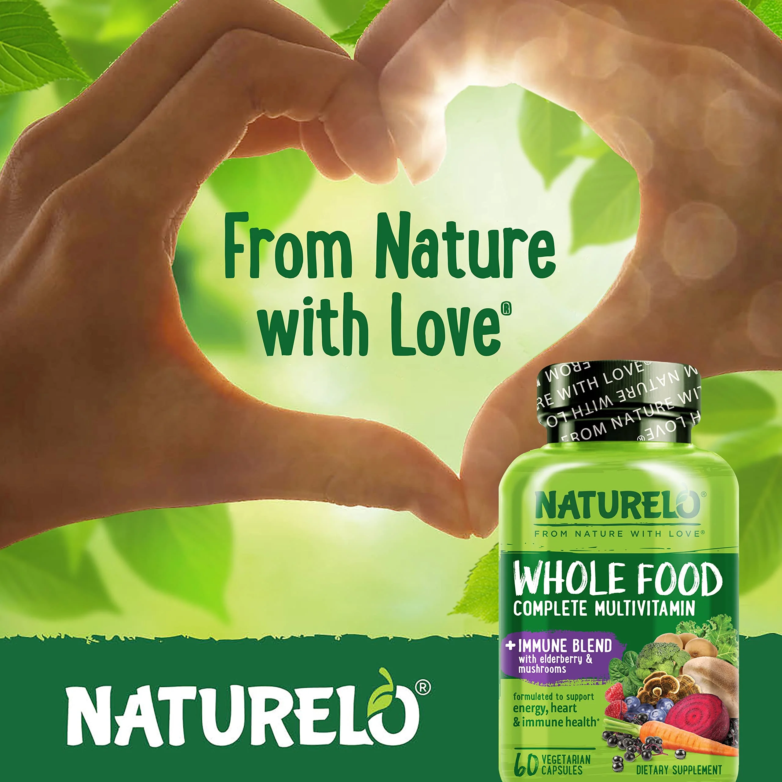 NATURELO Whole Food Multivitamin + Immune Blend with Elderberry & Mushrooms - Complete Multivitamin with Extra Immune Support - C, D3, Zinc, Elderberry, Reishi, Shitake, 60 Vegan Capsules (Pack of 2) - Image 4