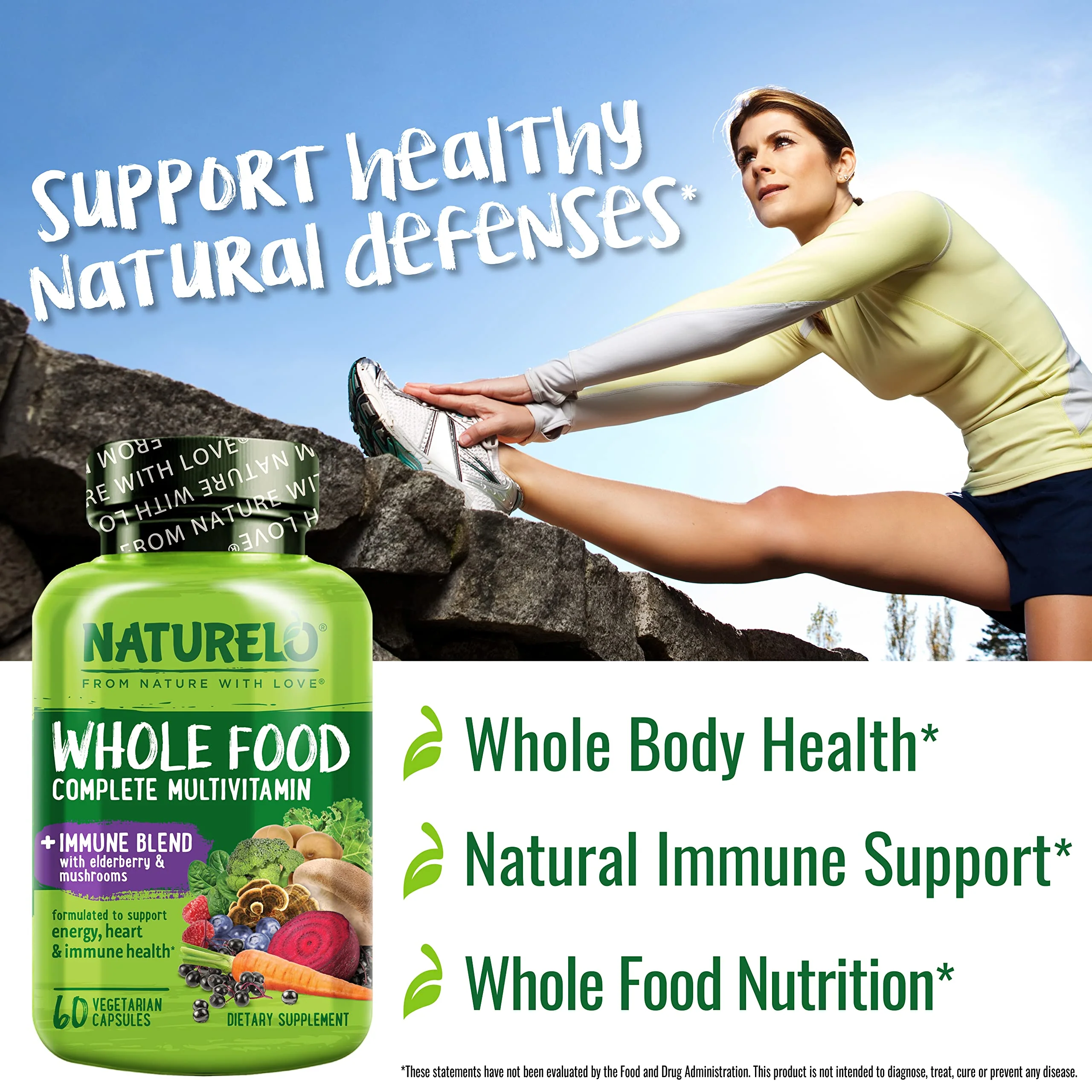 NATURELO Whole Food Multivitamin + Immune Blend with Elderberry & Mushrooms - Complete Multivitamin with Extra Immune Support - C, D3, Zinc, Elderberry, Reishi, Shitake, 60 Vegan Capsules (Pack of 2) - Image 5