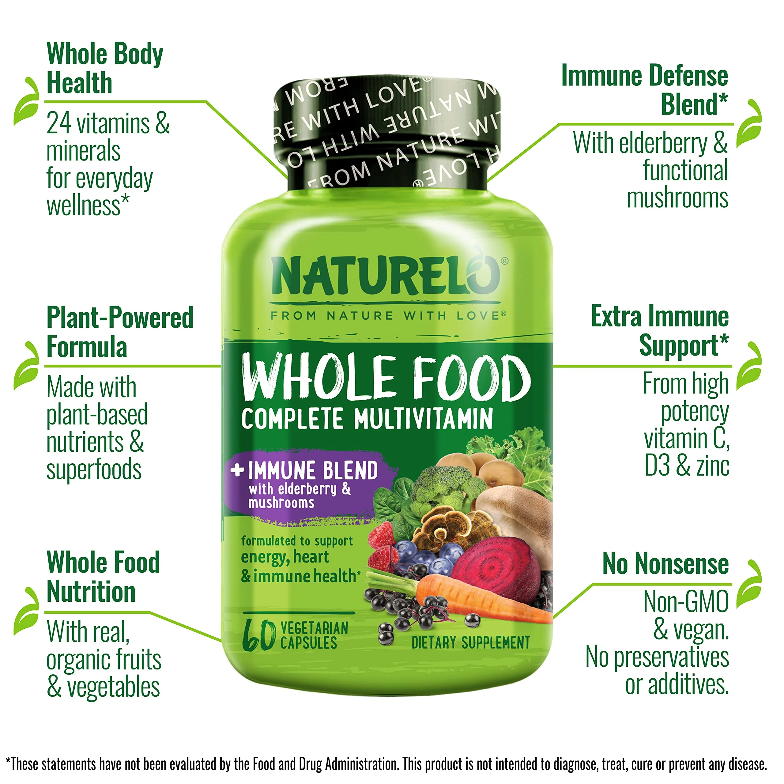 NATURELO Whole Food Multivitamin + Immune Blend with Elderberry & Mushrooms - Complete Multivitamin with Extra Immune Support - C, D3, Zinc, Elderberry, Reishi, Shitake, 60 Vegan Capsules (Pack of 2) - Image 8