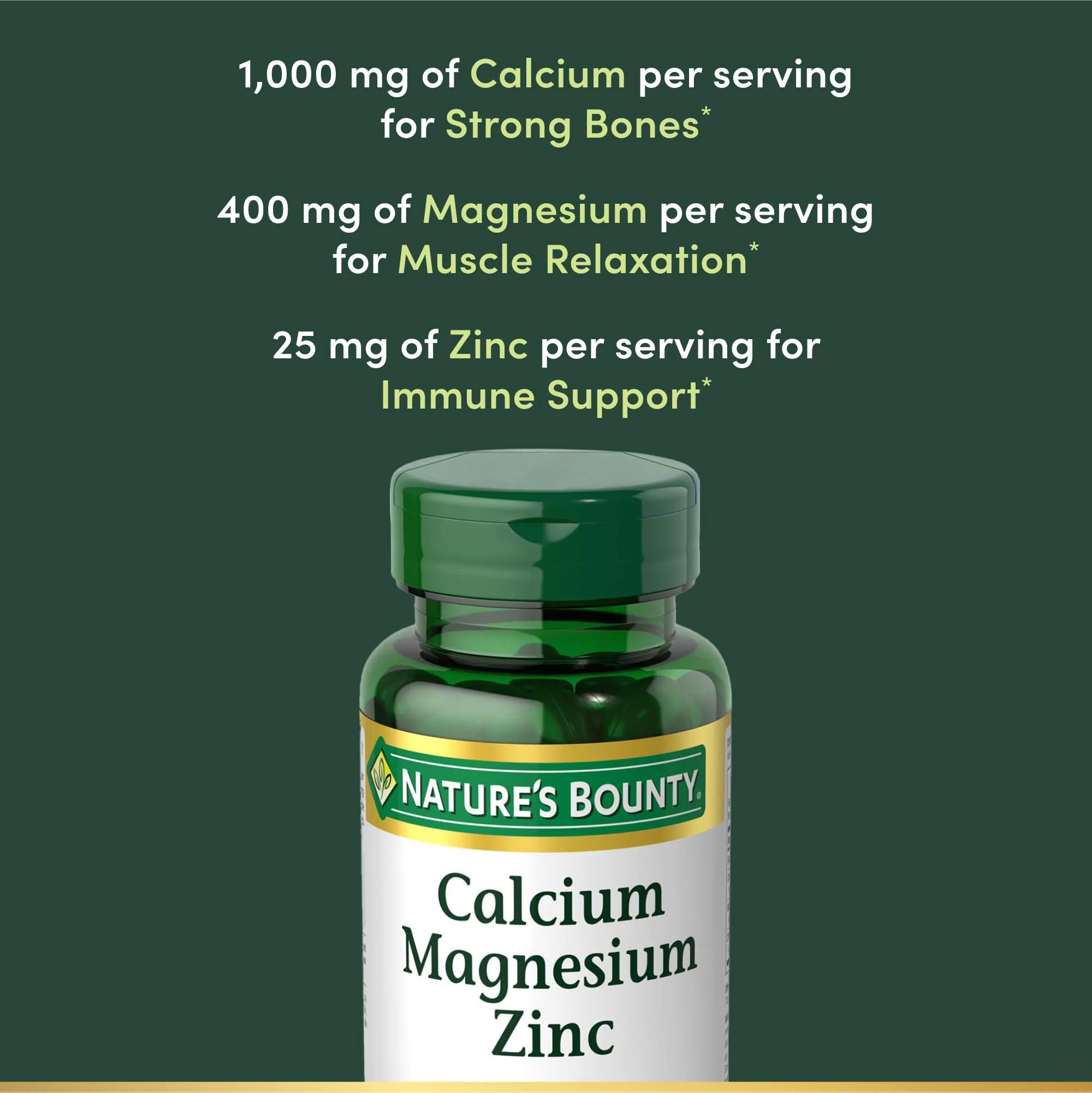Nature's Bounty Calcium Magnesium & Zinc Caplets, Immune & Bone Health, Daily Supplement, 1000mg Calcium, 400mg Magnesium, 600 IU Vitamin D, Gluten Free, 100 Caplets - Image 3