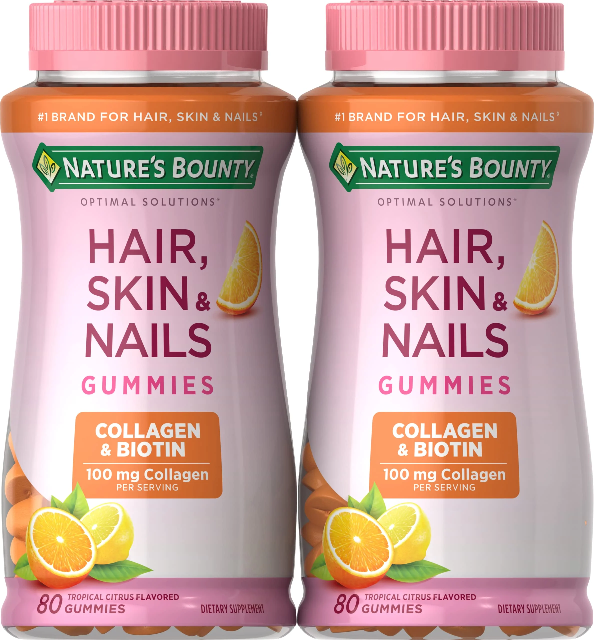 Nature's Bounty Hair, Skin & Nails with Biotin and Collagen, Citrus-Flavored Gummies Vitamin Supplement, Supports Hair, Skin, and Nail Health for Women, 2500 mcg, 80 Ct (2 Pack), 80 Total Servings
