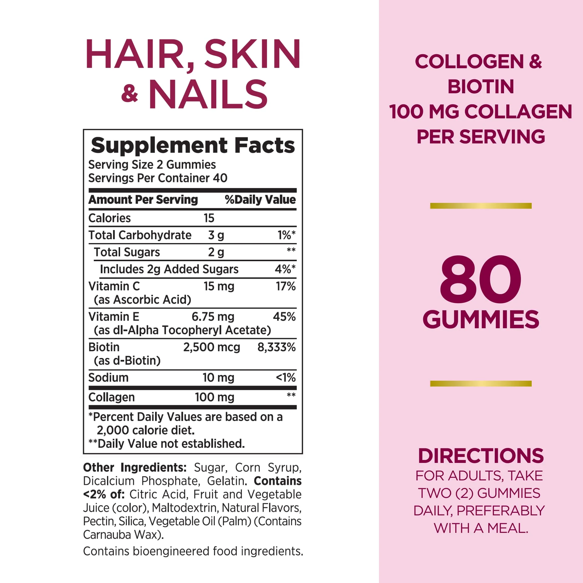 Nature's Bounty Hair, Skin & Nails with Biotin and Collagen, Citrus-Flavored Gummies Vitamin Supplement, Supports Hair, Skin, and Nail Health for Women, 2500 mcg, 80 Ct (2 Pack), 80 Total Servings - Image 2