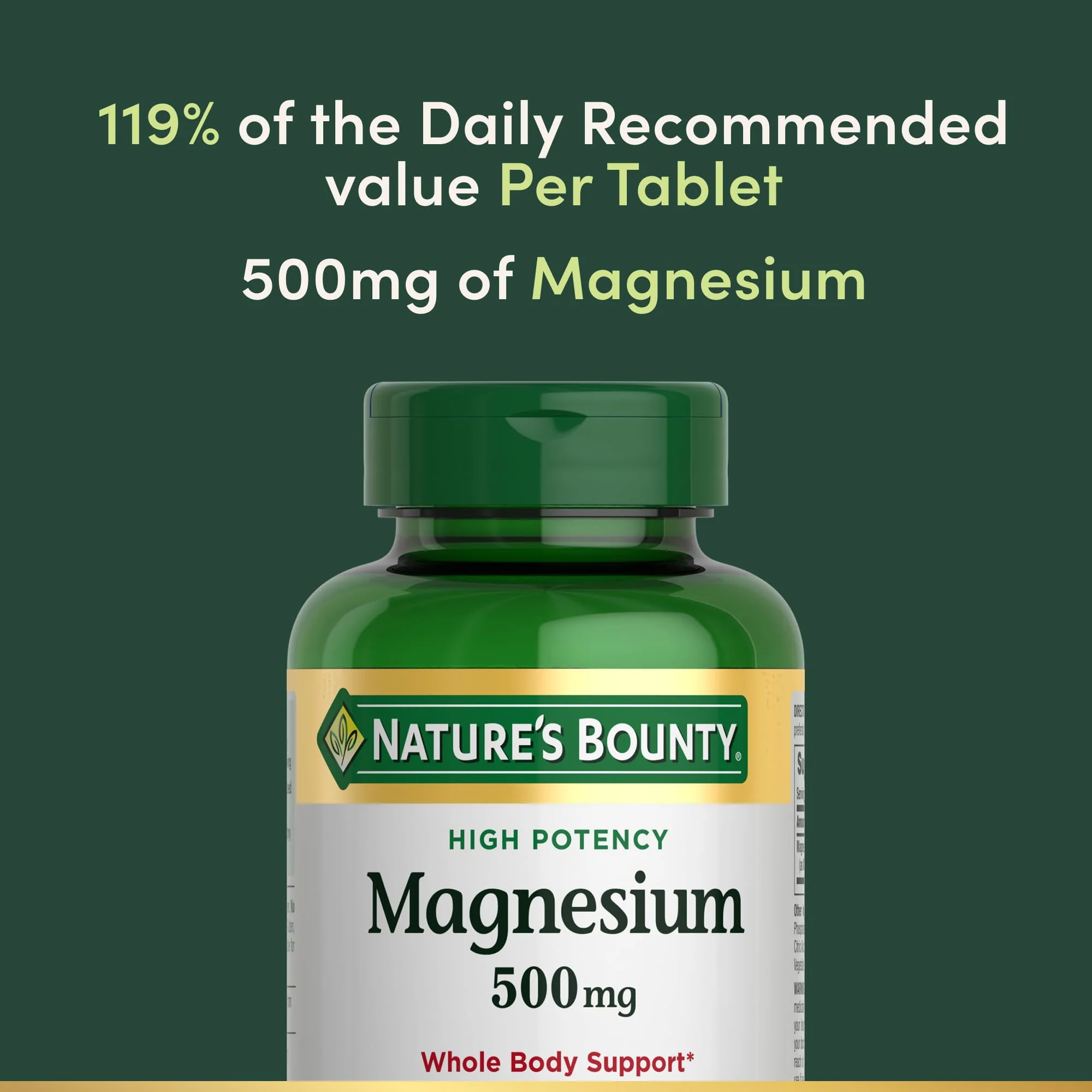 Nature's Bounty Magnesium 500 mg Tablets, High Potency Magnesium Supplement for Bone & Muscle Health, Whole Body Support, 200 Count (Pack of 1) - Image 3