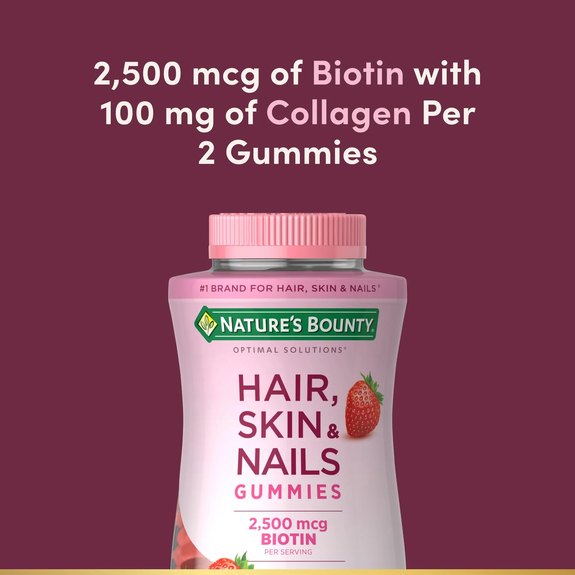 Nature's Bounty Optimal Solutions Hair, Skin and Nails Gummies with Biotin, 2500 mcg, Strawberry Flavored, 200 Count, 100 Total Servings - Image 3