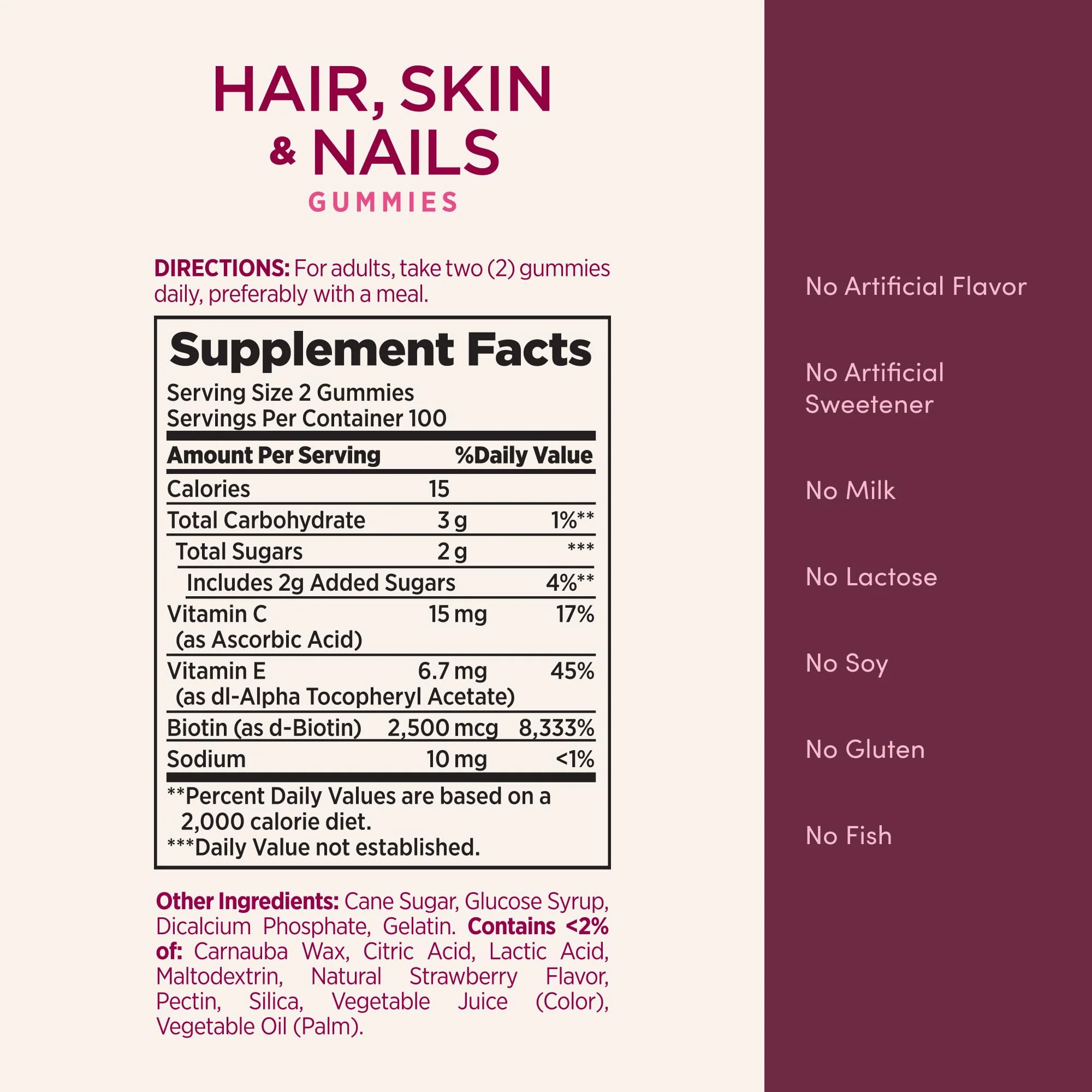 Nature's Bounty Optimal Solutions Hair, Skin and Nails Gummies with Biotin, 2500 mcg, Strawberry Flavored, 200 Count, 100 Total Servings - Image 5
