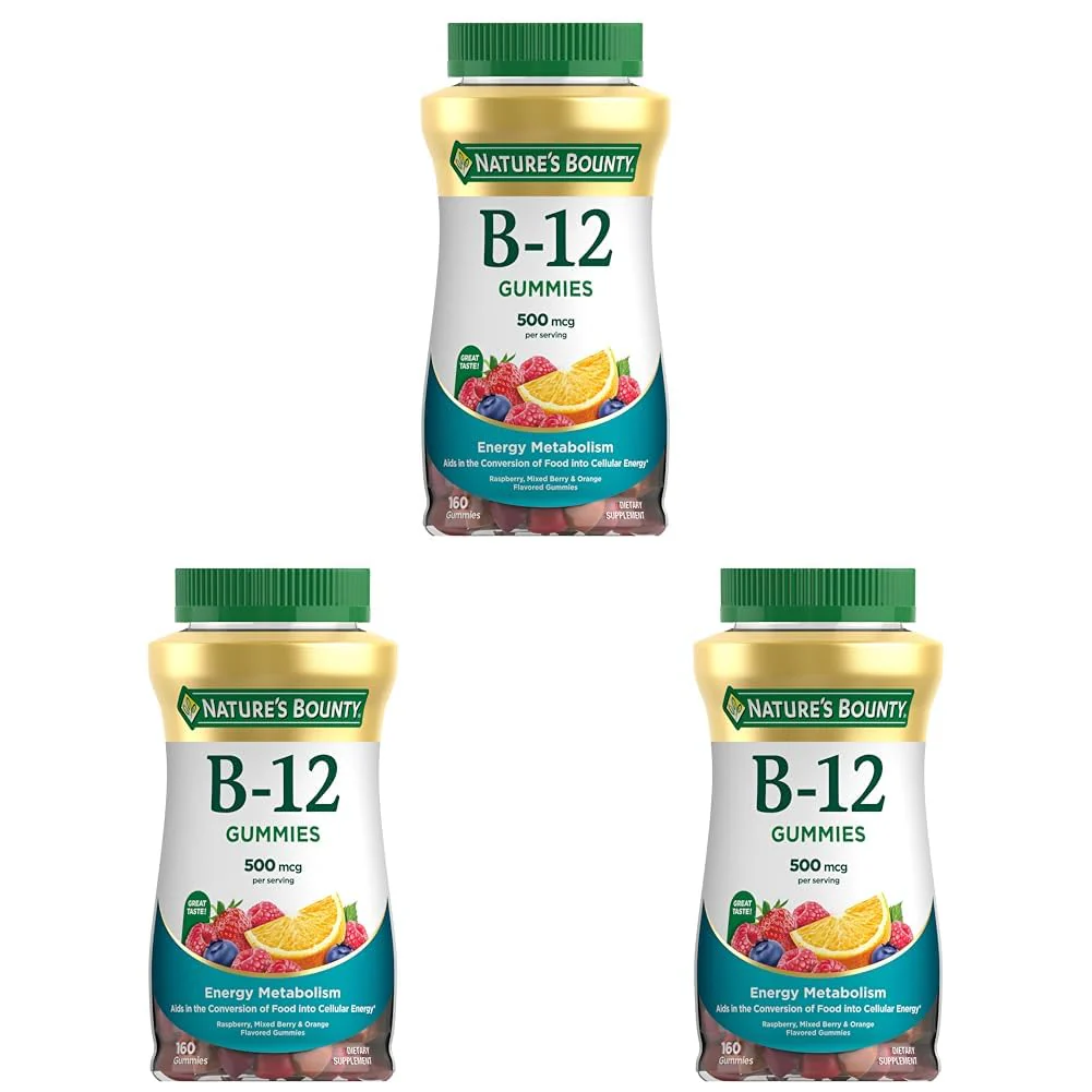 Nature's Bounty Vitamin B12 Gummies, Dietary Supplement, Supports Energy Metabolism and Nervous System Health, Mixed Berry Flavor, 500mcg, 160 Count (Pack of 3)