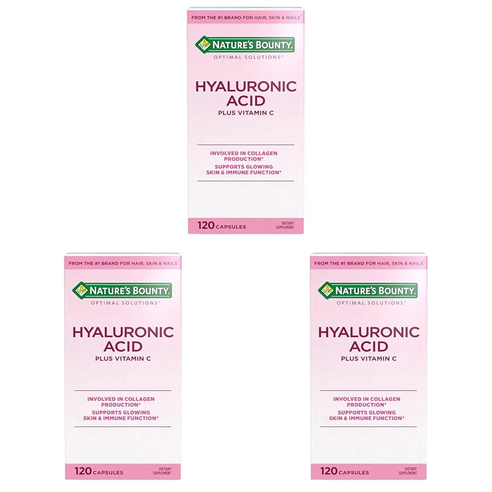 Nature's Bounty Vitamin C and Hyaluronic Acid Supplement, Supports Glowing Skin, Immune Function & Collagen Production, 120 Capsules - 60 Day Supply, Optimal Solutions Supplements for Skin Health