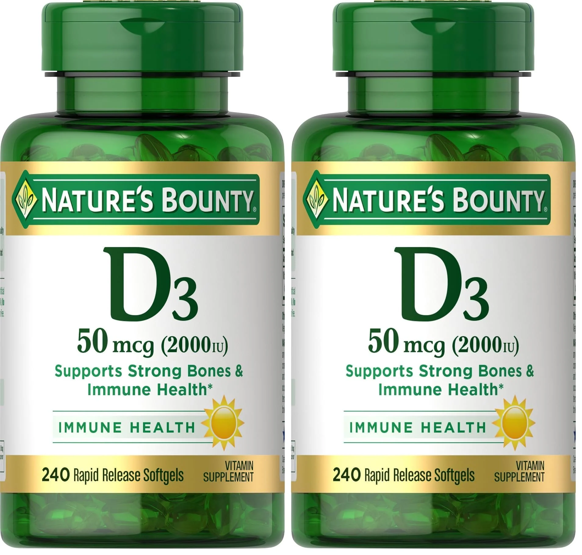Nature's Bounty Vitamin D3 2000 IU, Immune and Bone Support, Vitamin Supplement, 1 Per Day, 240 Rapid Release Softgels (Pack of 2)