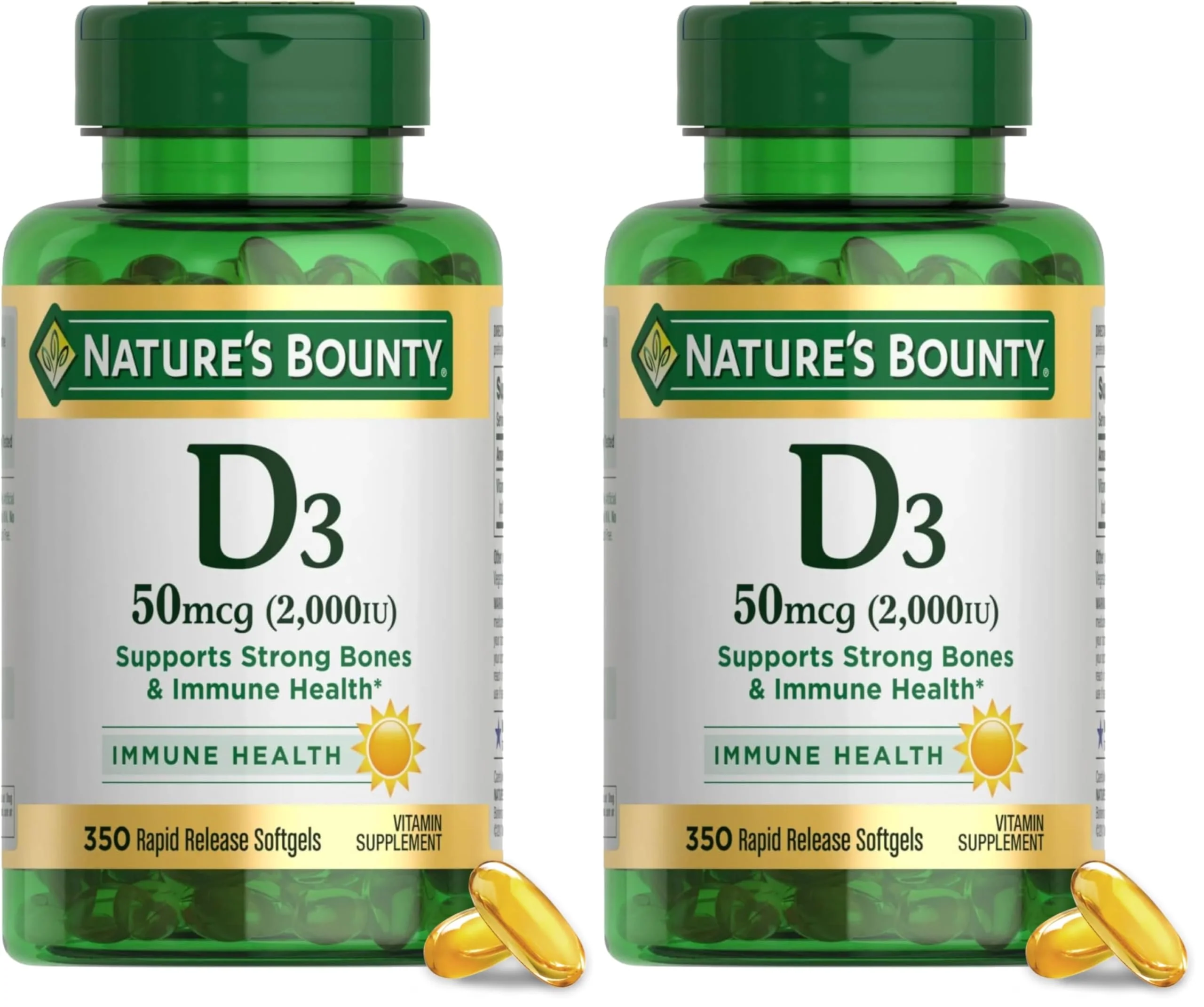 Nature's Bounty Vitamin D3 2000 IU, Supports Immune Health, Calcium Absorption & Bone Strength,Essential for Healthy Bones,Non-GMO,No-Gluten,350 Softgels,1 Serving Per Day for Daily Health,(Pack of 2)