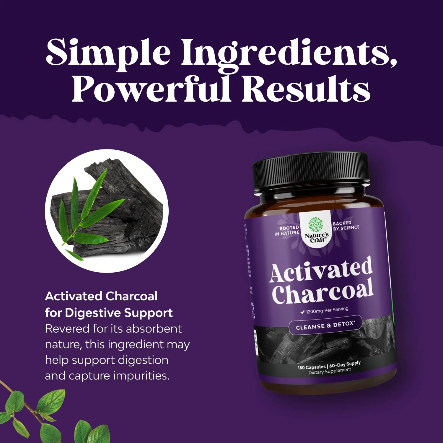 Natures Craft Activated Charcoal Pills Detox & Cleanse - Purifying Coconut Capsules with 1200 mg Per Serving for Bloating Relief - Active Detox Supplement for Body & Gut Health -180 Count - Image 5