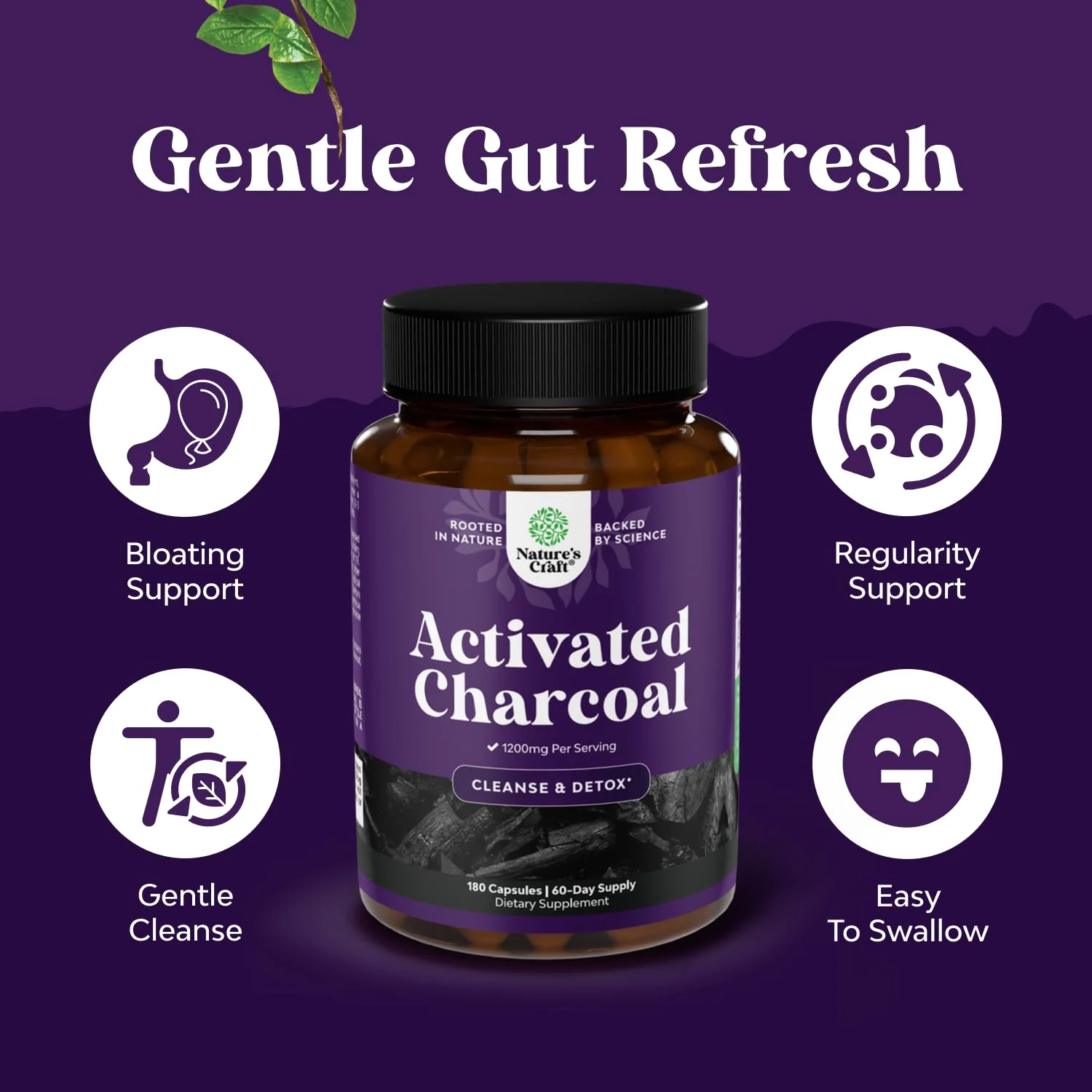 Natures Craft Activated Charcoal Pills Detox & Cleanse - Purifying Coconut Capsules with 1200 mg Per Serving for Bloating Relief - Active Detox Supplement for Body & Gut Health -180 Count - Image 6