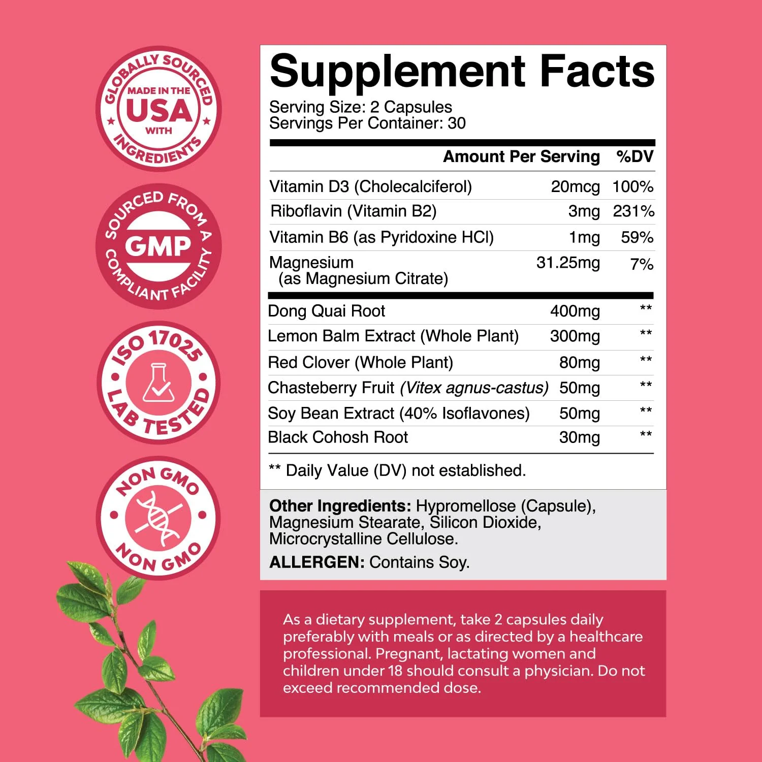 Natures Craft Complete Herbal Menopause Supplement for Women - Female Hormone Balance Capsules for Night Sweats Hot Flashes & Mood Swings with Dong Quai, Chaste Berry & Black Cohosh Root - 60 Count - Image 3
