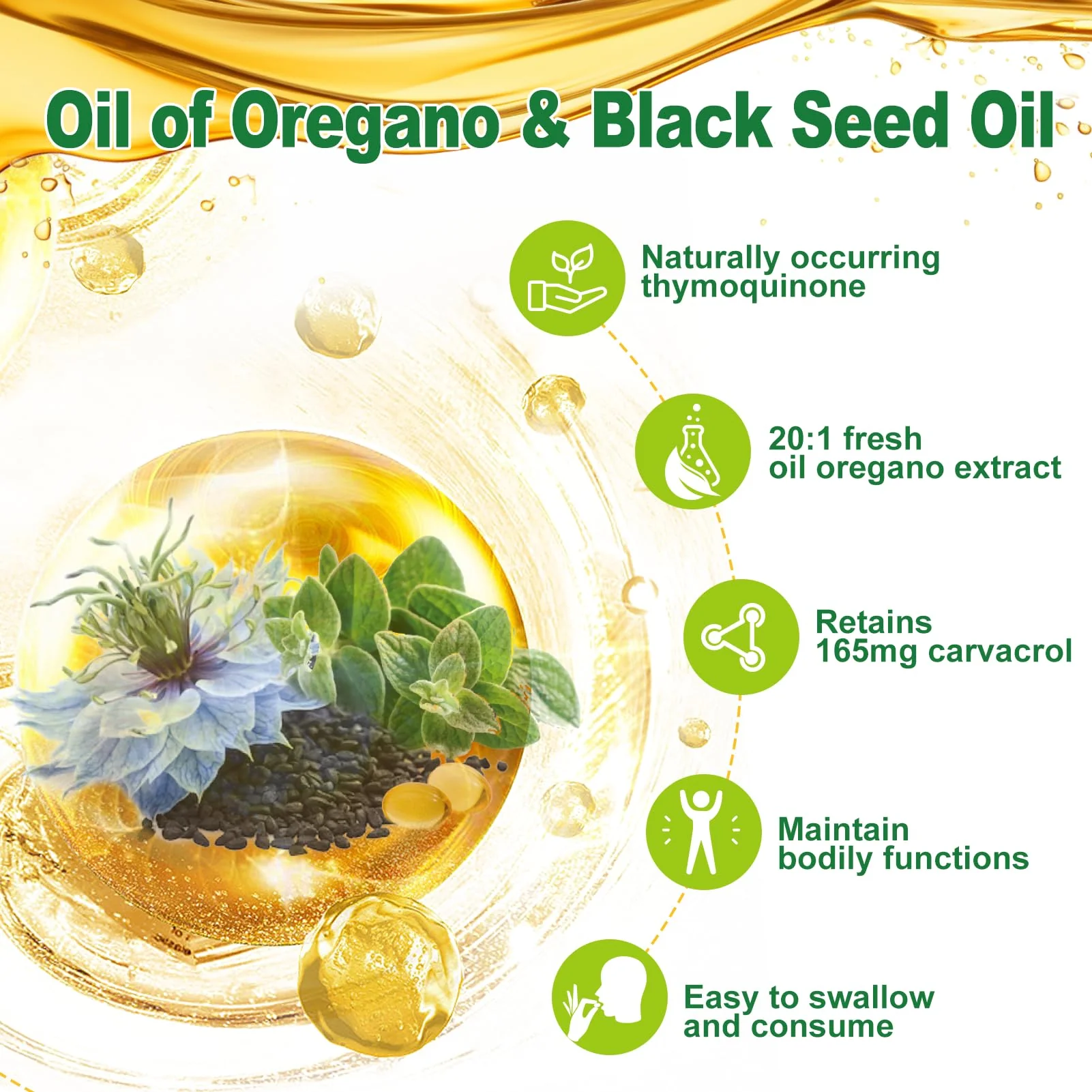 Nature's live Oil of Oregano with Black Seed Oil, 2 in 1 Oregano Supplement for Immune Health, Retains High Concentrated Carvacrol & Thymoquinone, Non-GMO, 3 Pack - Image 3