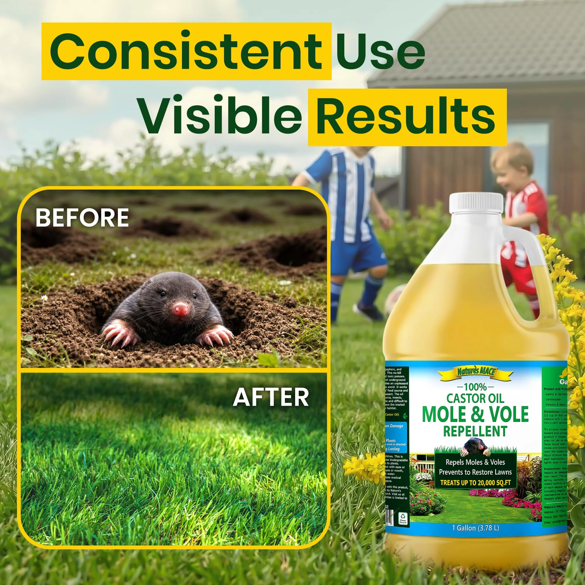Nature's MACE Mole and Vole Mace, Mole Deterrent for Yard, 1 Gallon, 100% Pure Castor Oil, Lawns, Mole Repellent, Stop Tunneling, Mole Remover Treatment, Castor Oil Repellent, People, Pet, Plant Safe - Image 2