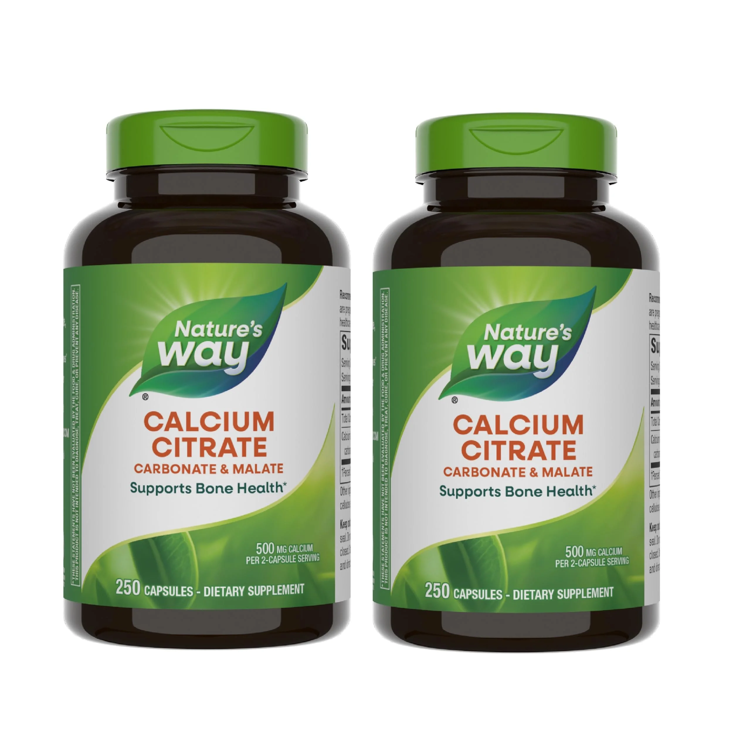 Nature's Way Calcium Citrate, 500 mg Calcium per 2-Capsule Serving, for Bone Health & Muscle Function*, Blend of Citrate, Carbonate & Malate, Gluten Free, 250 Capsules (Packaging May Vary) - 2 Pack