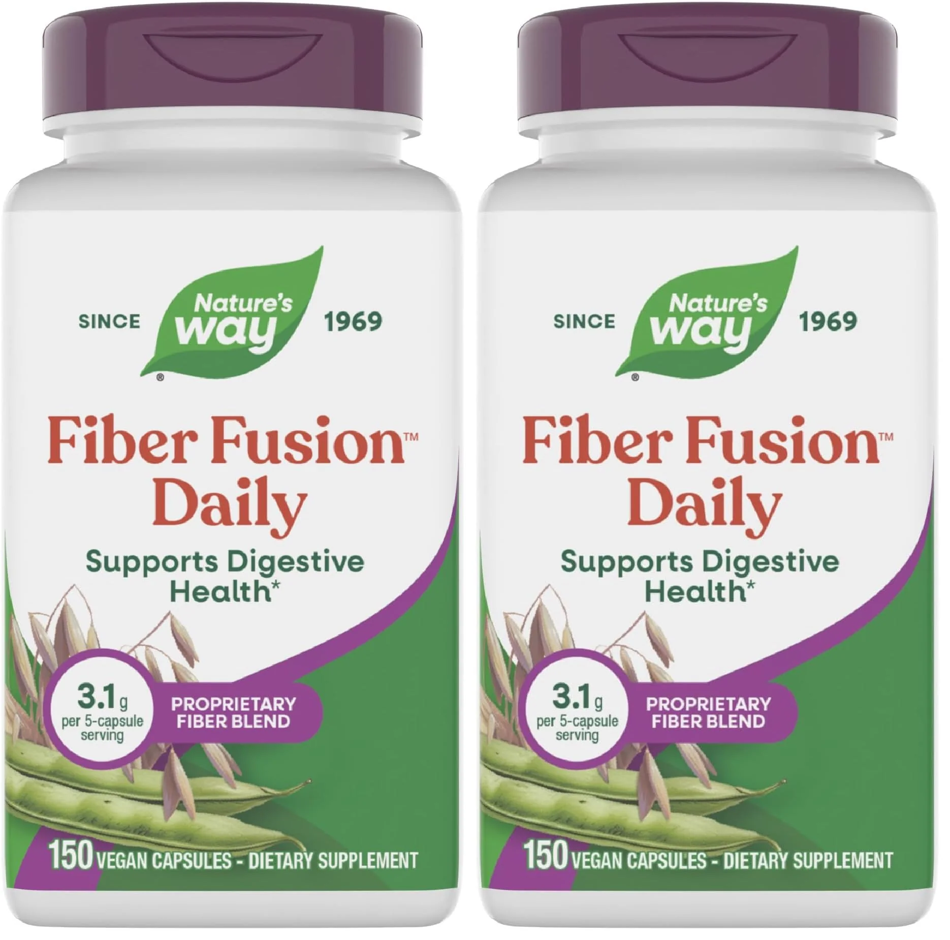 Nature's Way Fiber Fusion Daily, Psyllium Husk Capsules with Oat Bran, Guar Gum, Pectin, Digestive Health Support*, Vegan, 150 Capsules (Packaging May Vary),(Pack of 2)