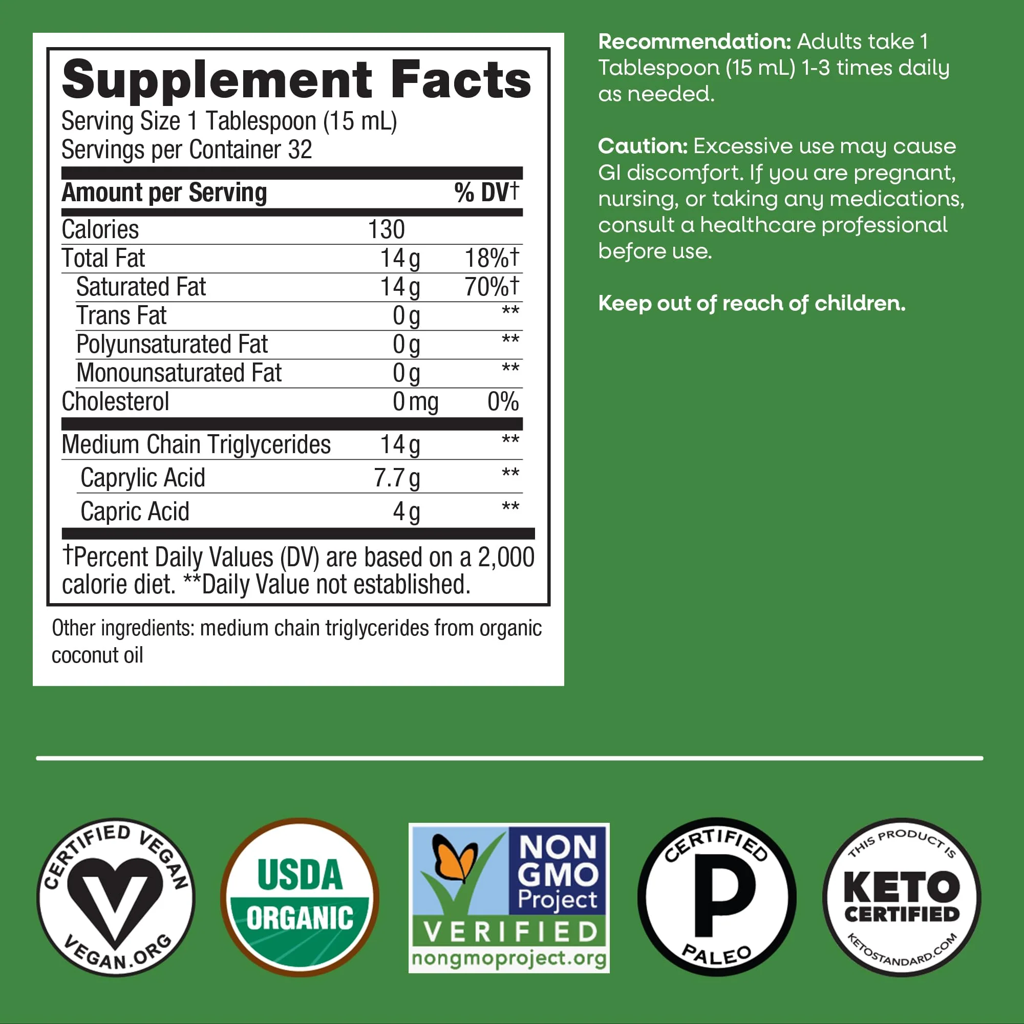 Nature's Way Organic MCT Oil, Brain and Body Fuel*, Liquid Coconut MCT Oil with C8 Caprylic & C10 Capric Acids, 14 g Medium Chain Triglycerides per Serving, Keto & Paleo Certified, Non-GMO, 16 Fl Oz - Image 7