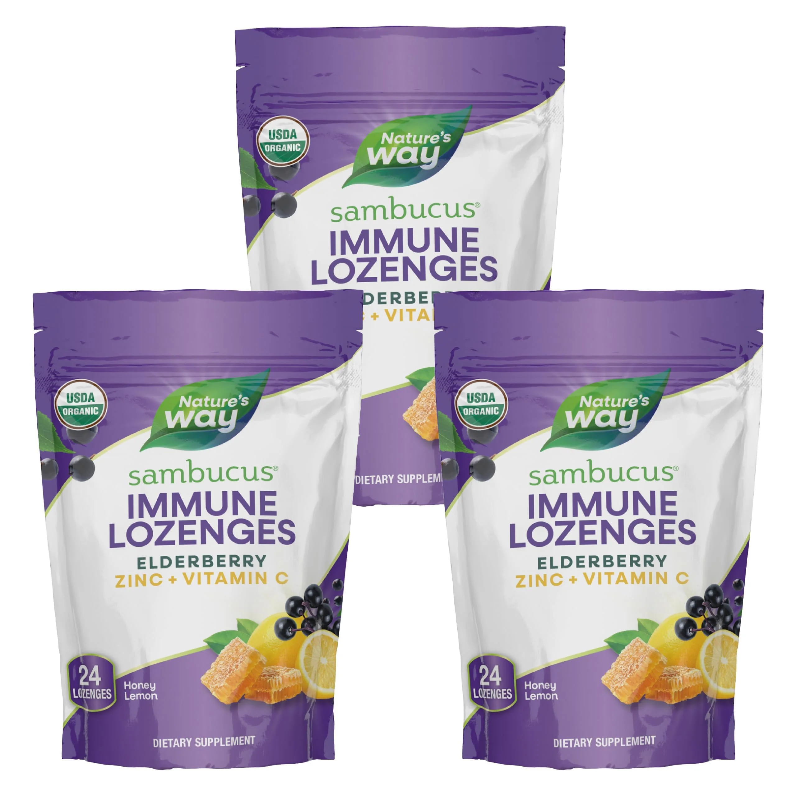 Nature's Way Sambucus Immune Lozenges, Zinc, Vitamin C, Elderberry, Immune Support*, USDA Organic, Honey Lemon Flavor, 24 Lozenges (Packaging May Vary) - 3 Pack