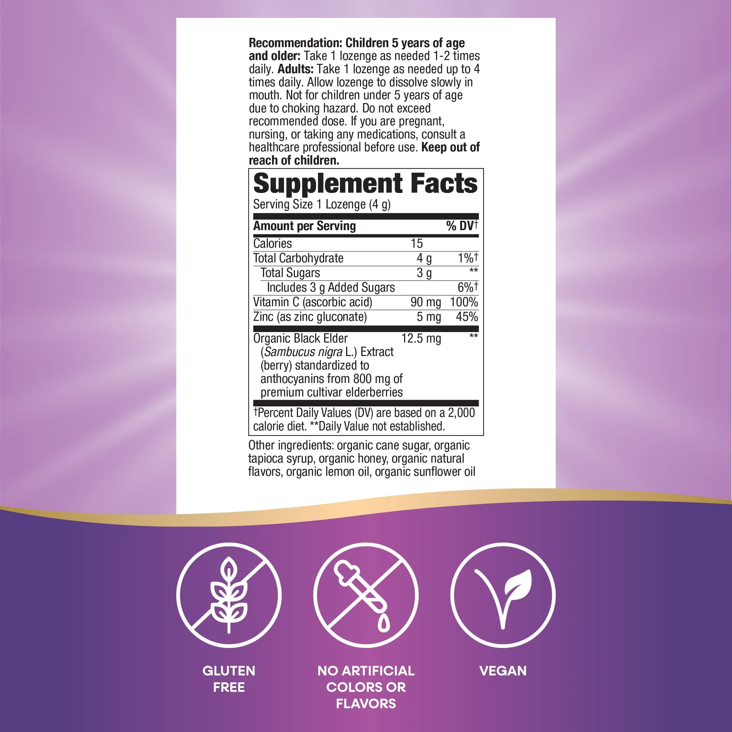 Nature's Way Sambucus Immune Lozenges, Zinc, Vitamin C, Elderberry, Immune Support*, USDA Organic, Honey Lemon Flavor, 24 Lozenges (Packaging May Vary) - 3 Pack - Image 8