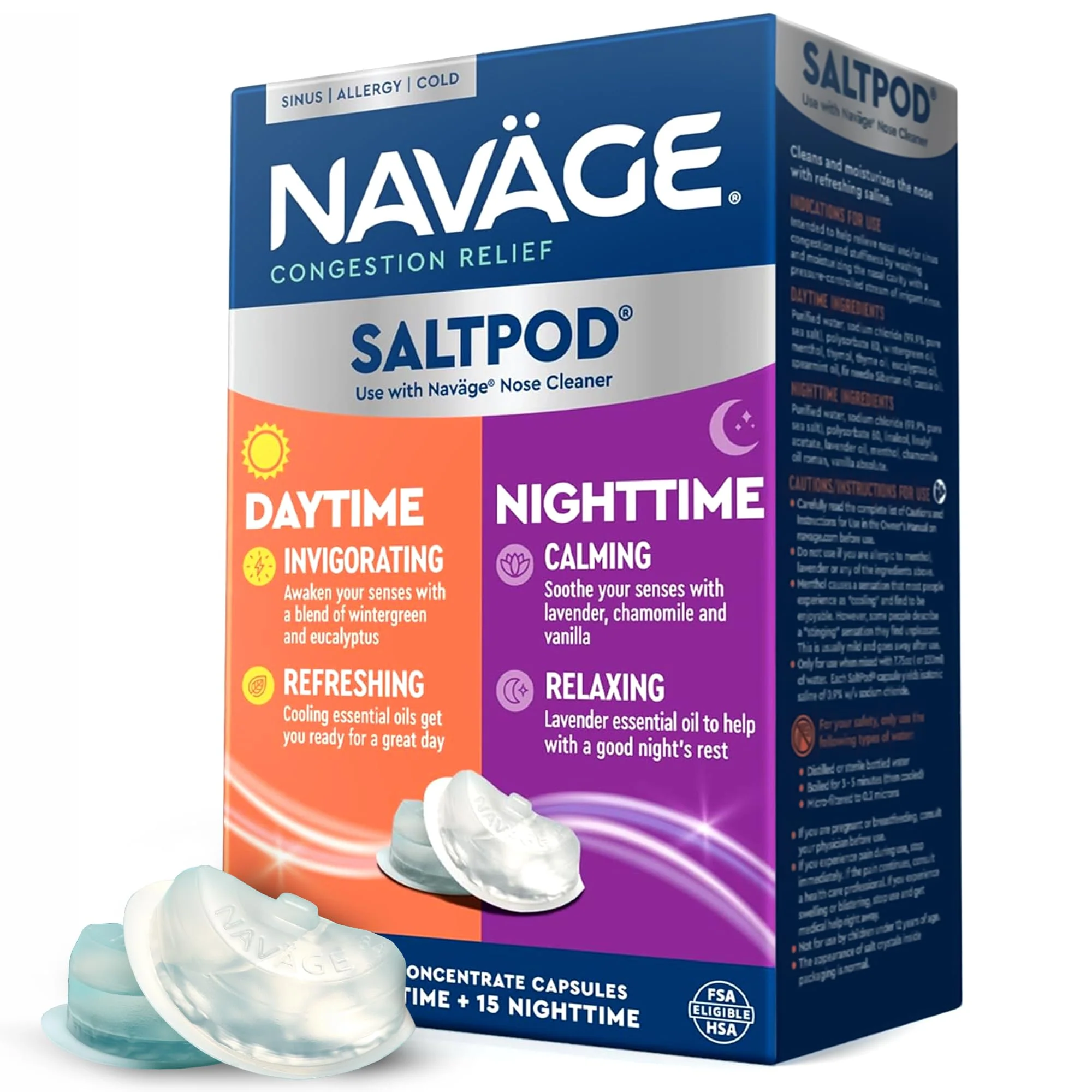 Navage® Salt Pods Refills Daytime & Nighttime 3 30-Packs (45 Each Variety) - Morning & Night Congestion Relief, Designed for the Nose Cleaner, Sinus Rinse for Better Breathing Around The Clock