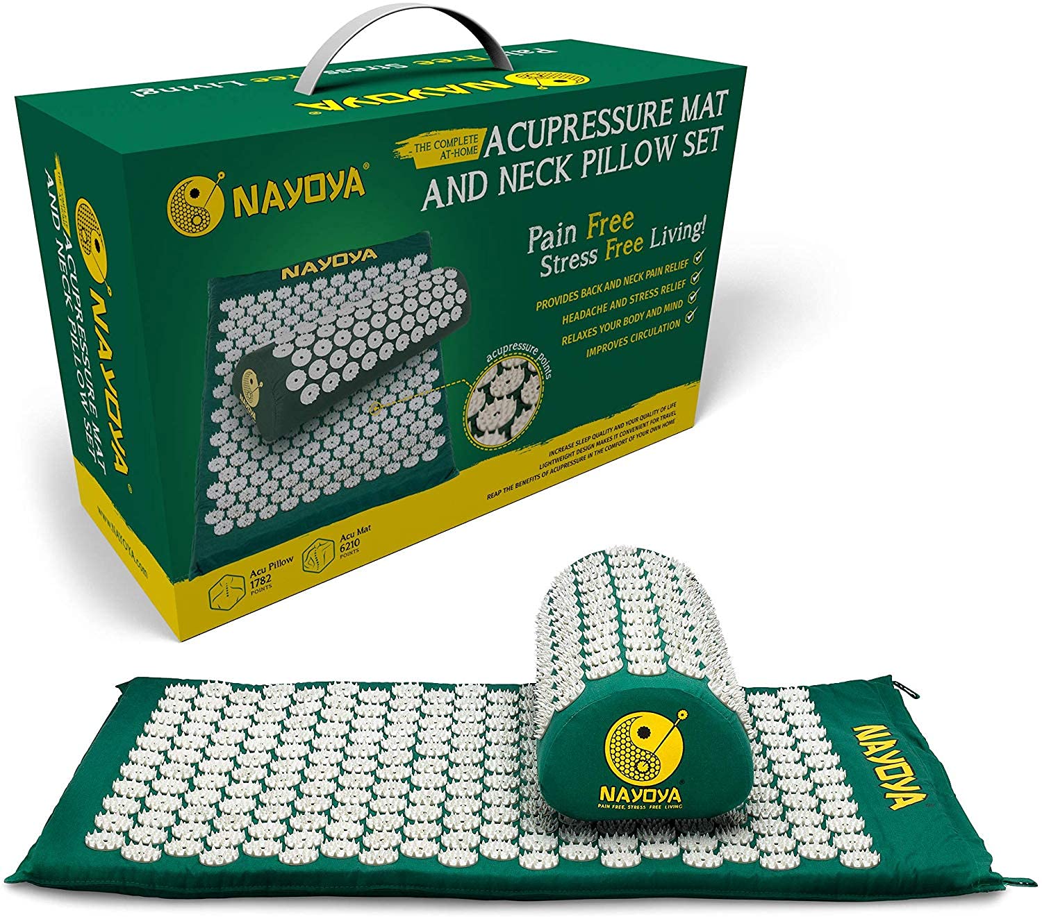 NAYOYA Bellababy Back and Neck Pain Relief - Acupressure Mat and Pillow Set - Relieves Stress, Back, Neck, and Sciatic Pain - Comes in a Carry Case for Storage and Travel - As Seen in USA Today, White