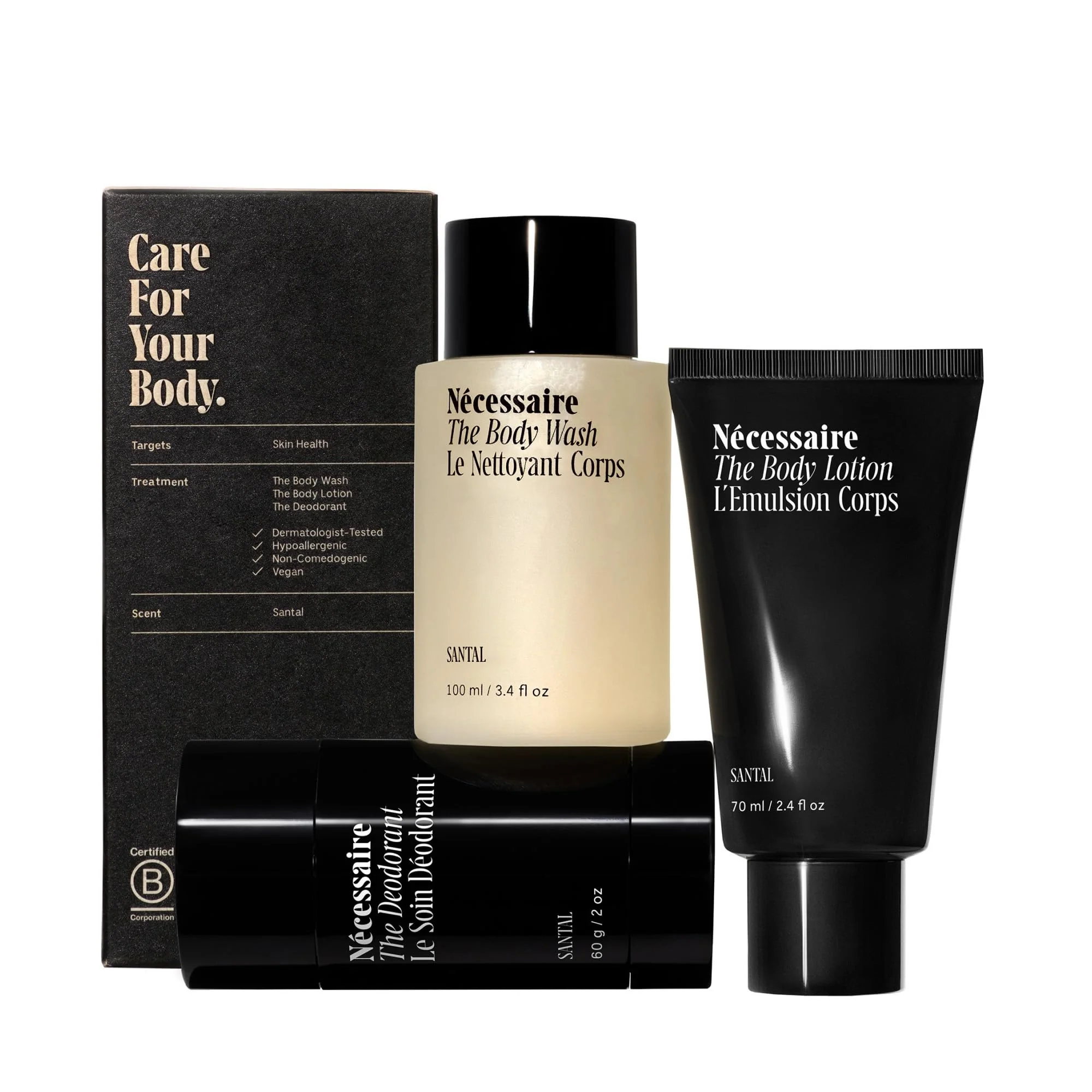 Nécessaire Body Essentials - Skin Care Gift Set For Women + Men - Travel-Size Body Wash, Body Lotion + Deodorant | Dermatologist-Tested. Hypoallergenic | Vegan | Aluminum-Free Deodorant (Santal)