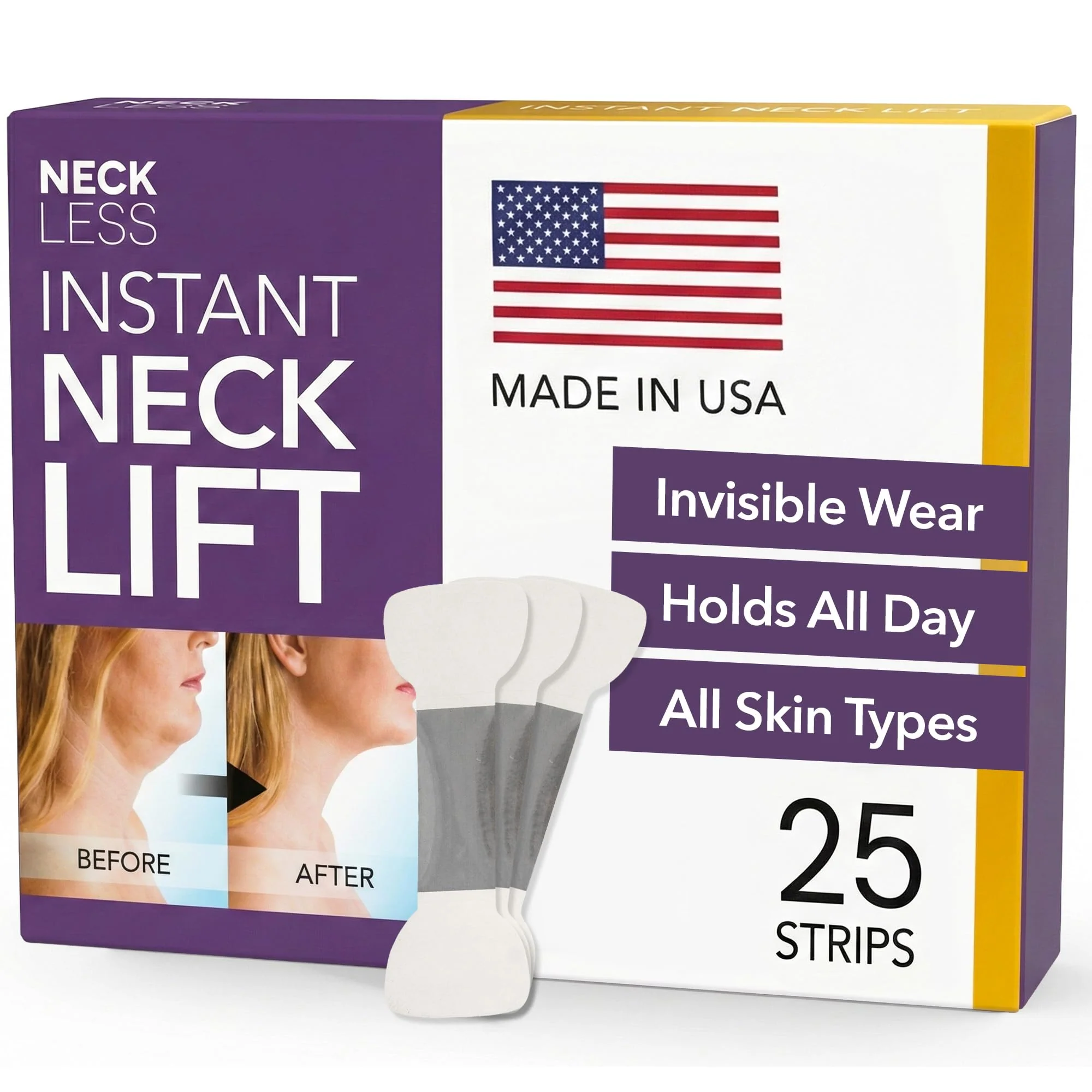 NECK LESS Professional Face Lift Strips – Instant Jawline & Neck Lift Tape | Medical-Grade, Invisible, Waterproof Skin-Tightening Solution | Non-Surgical Facial Tape Kit, 10-Hour Hold (25 Strips)