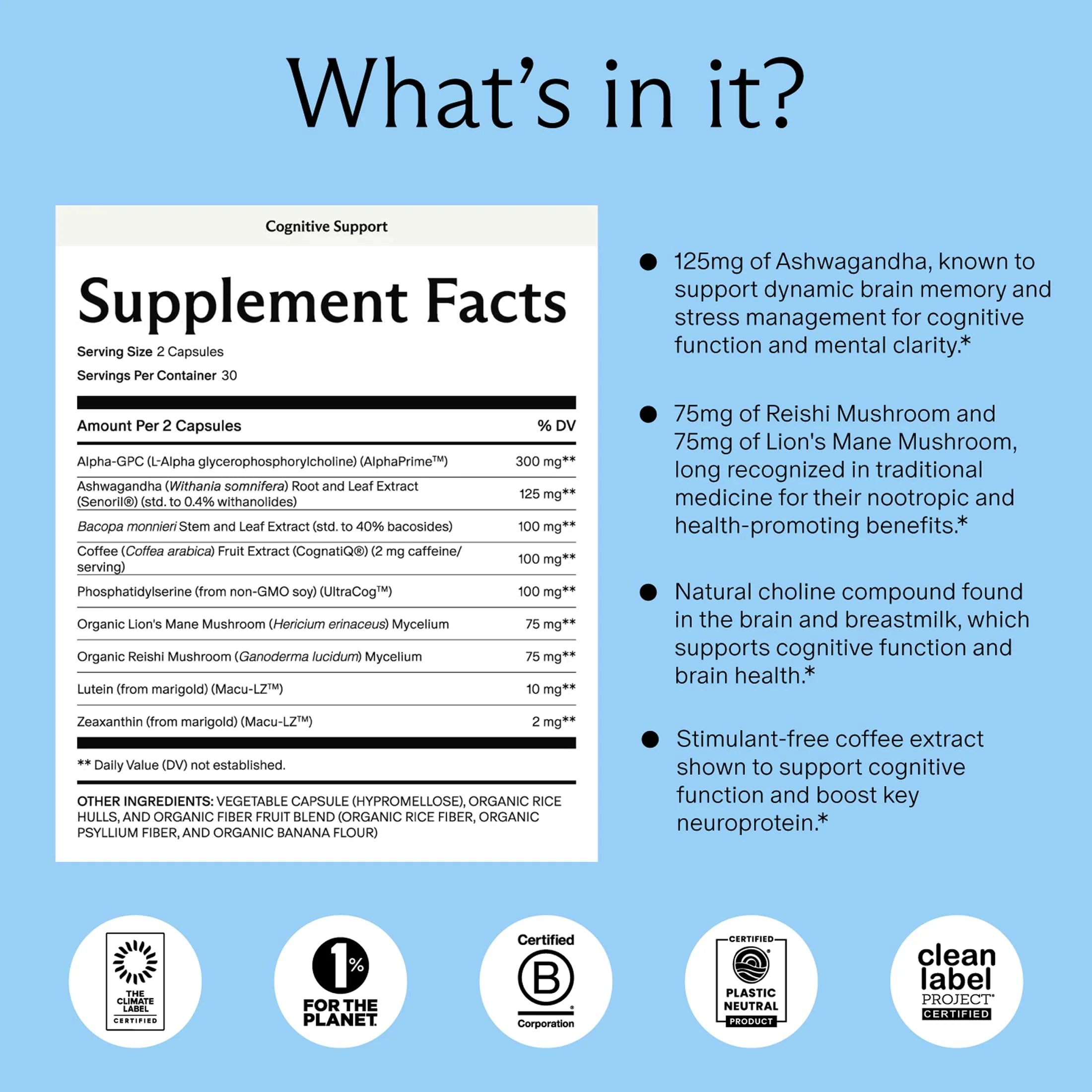 Needed. Cognitive Support - Comprehensive Supplement with Ashwagandha, Reishi & Lion's Mane Mushrooms, Breastfeeding Safe - Supports Focus, Attention, & Memory, 30-Day Supply - Image 3