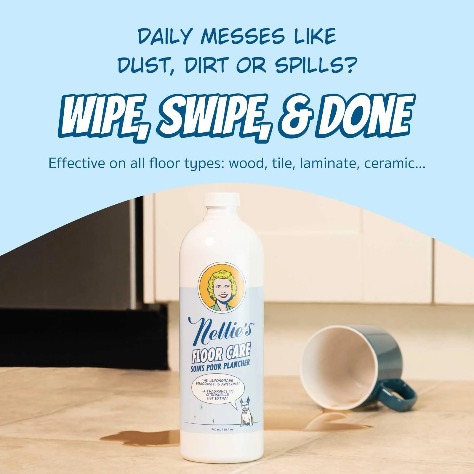 Nellie's Floor Care – Plant-Based Floor Cleaner for Hardwood, Tile, Ceramic, and More – Effectively Lifts Dirt and Odors – Fresh Lemongrass Scent (25 fl oz) - Made in Canada - Image 2