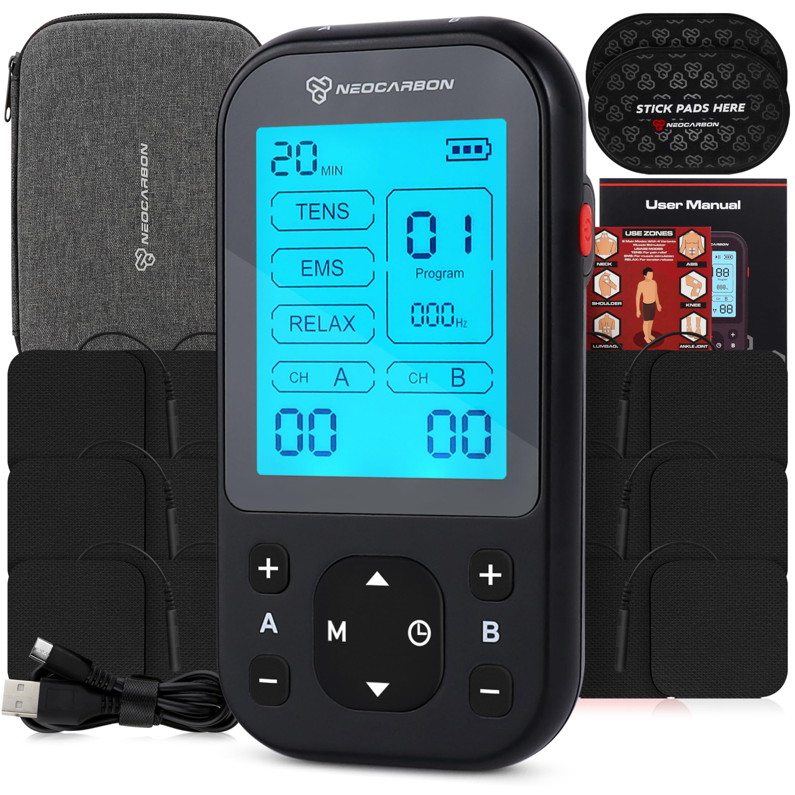 NEOCARBON TENS Unit Muscle Stimulator Pro for Back Pain Relief, Shoulder Recovery and Physical Therapy, Electronic EMS Massager Machine with PMS Pulse for Effective Shock Therapy, Black - Image 2