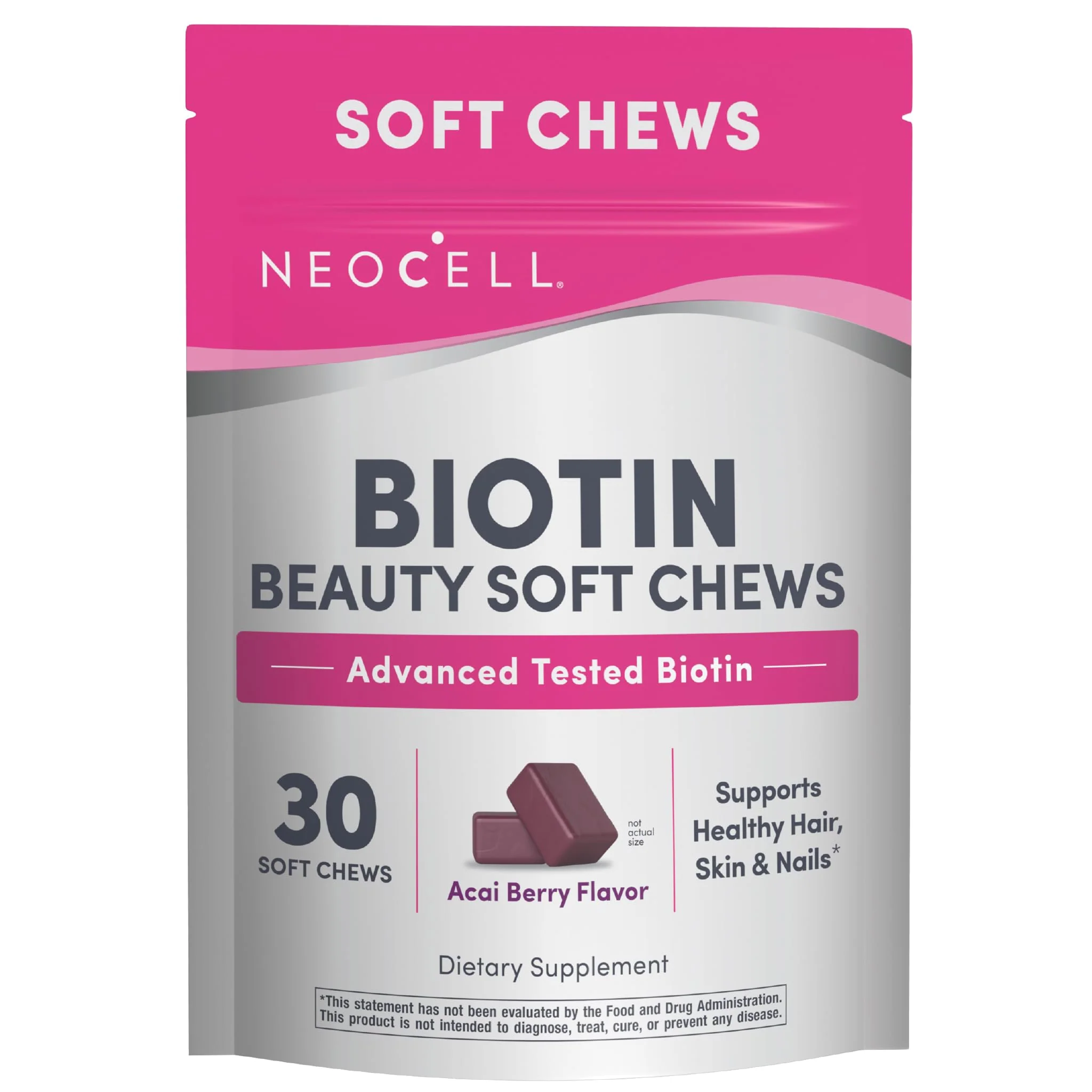 NeoCell Biotin Beauty Soft Chews | 30 Chewables | 10000mcg | Hair, Skin & Nails | Acai Berry Flavor - Image 2