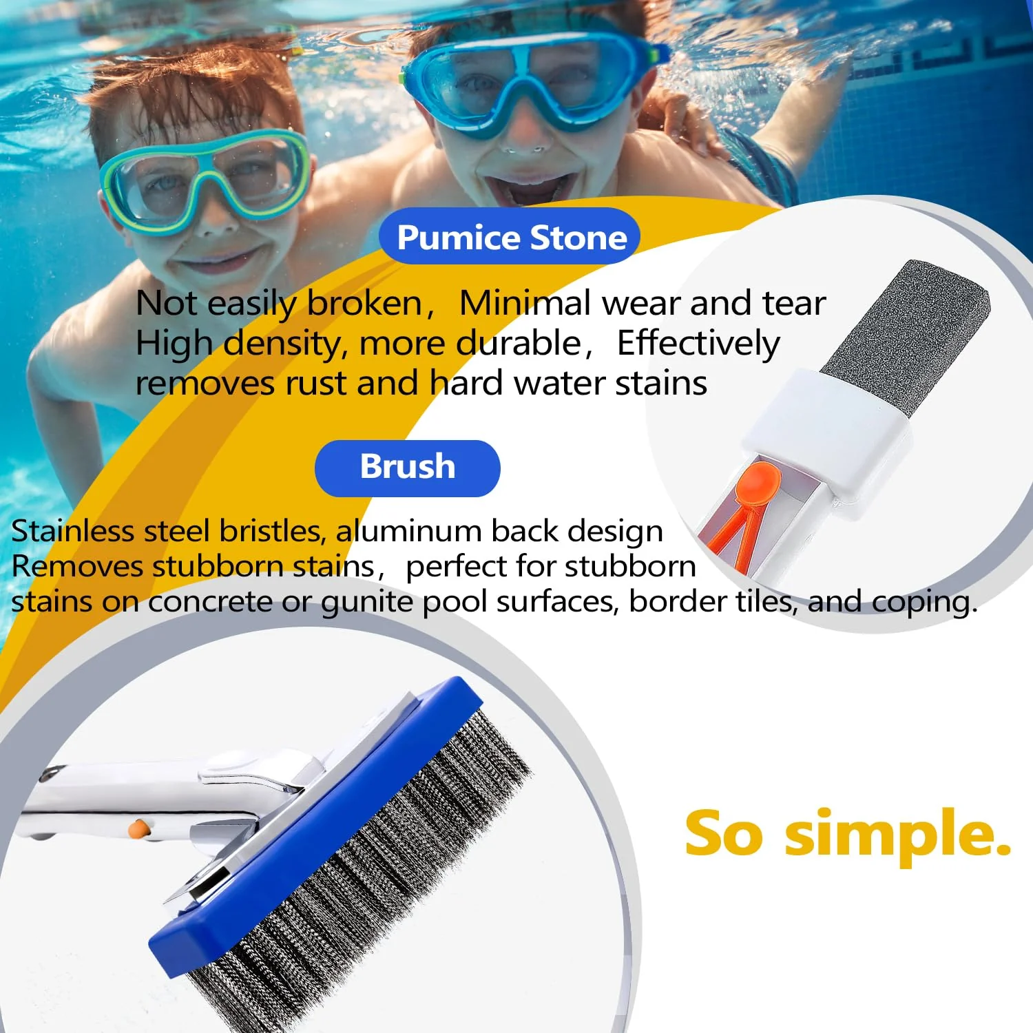 NEOHATION Pool Pumice Stone and 5 inch Stainless Steel Pool Brush Kit with EZ-Clip Handle to Reomve Erase Rust Stain Spot in Concrete Plaster Pool Spa and Calcium Deposit on Pool Tile, BPST01 - Image 7