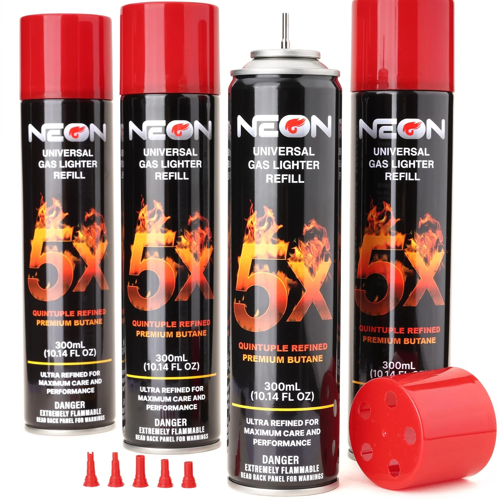 NEON Butane Fuel 300ml, 5X Premium Refined Butane Refill for Torch Lighter, 0 Impurities Lighter Fluid with Metal Nozzle & 5 Butane Gas Refill Adapters for Culinary, Welding, and DIY (4 Cans)