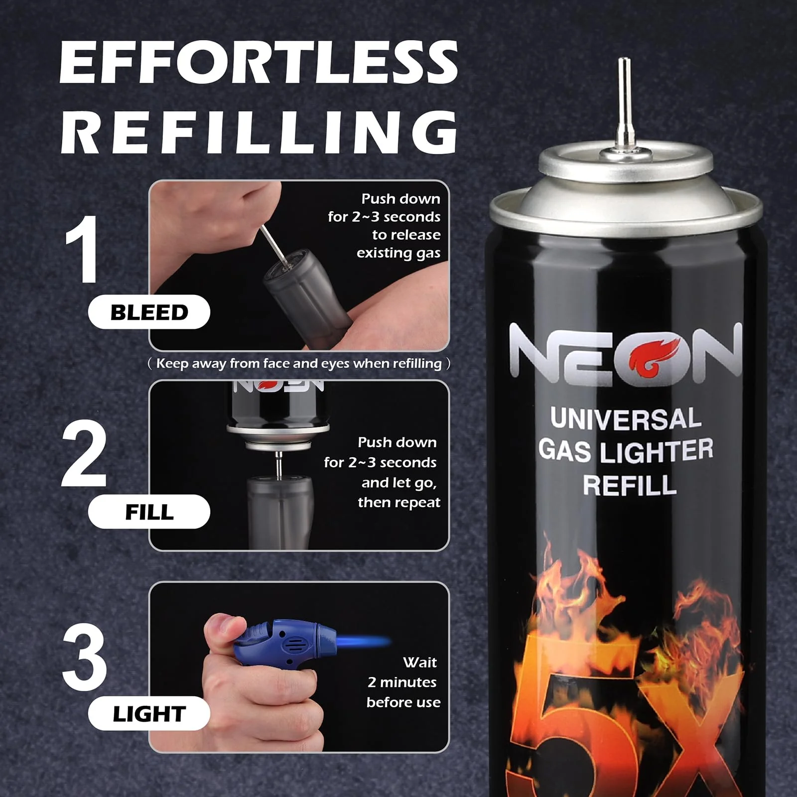 NEON Butane Fuel 300ml, 5X Premium Refined Butane Refill for Torch Lighter, 0 Impurities Lighter Fluid with Metal Nozzle & 5 Butane Gas Refill Adapters for Culinary, Welding, and DIY (4 Cans) - Image 2