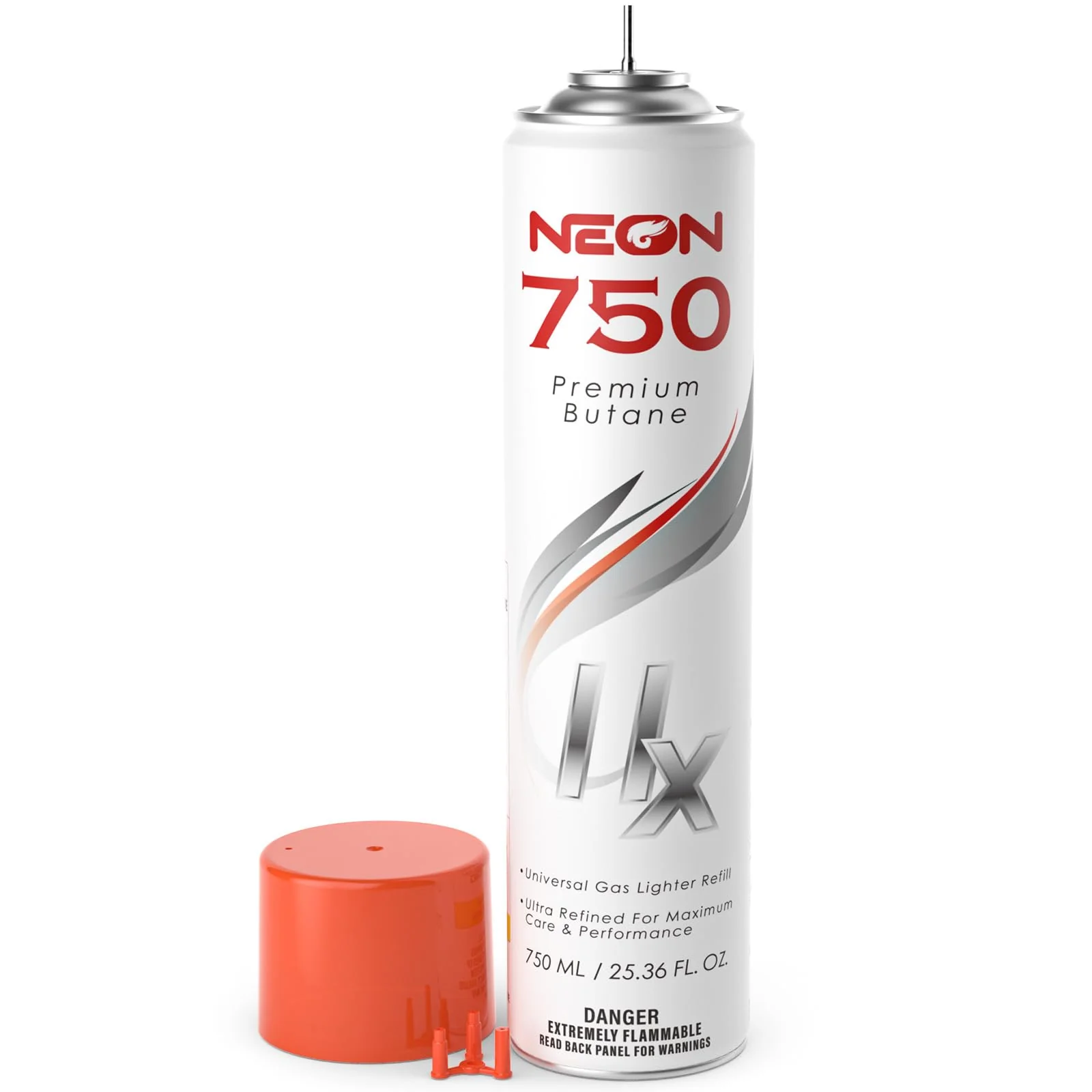 NEON Butane Fuel 750ml, 11X Ultra Refined 0 Impurities Butane Refill, Premium Universal Lighter Fluid with Metal Nozzle and 3 Butane Gas Refill Adapters for Refillable Lighters and Torches, 1 Can