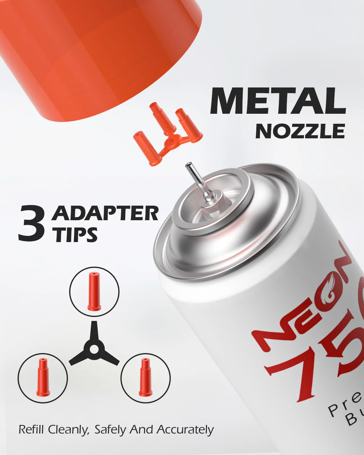 NEON Butane Fuel 750ml, 11X Ultra Refined 0 Impurities Butane Refill, Premium Universal Lighter Fluid with Metal Nozzle and 3 Butane Gas Refill Adapters for Refillable Lighters and Torches, 1 Can - Image 4
