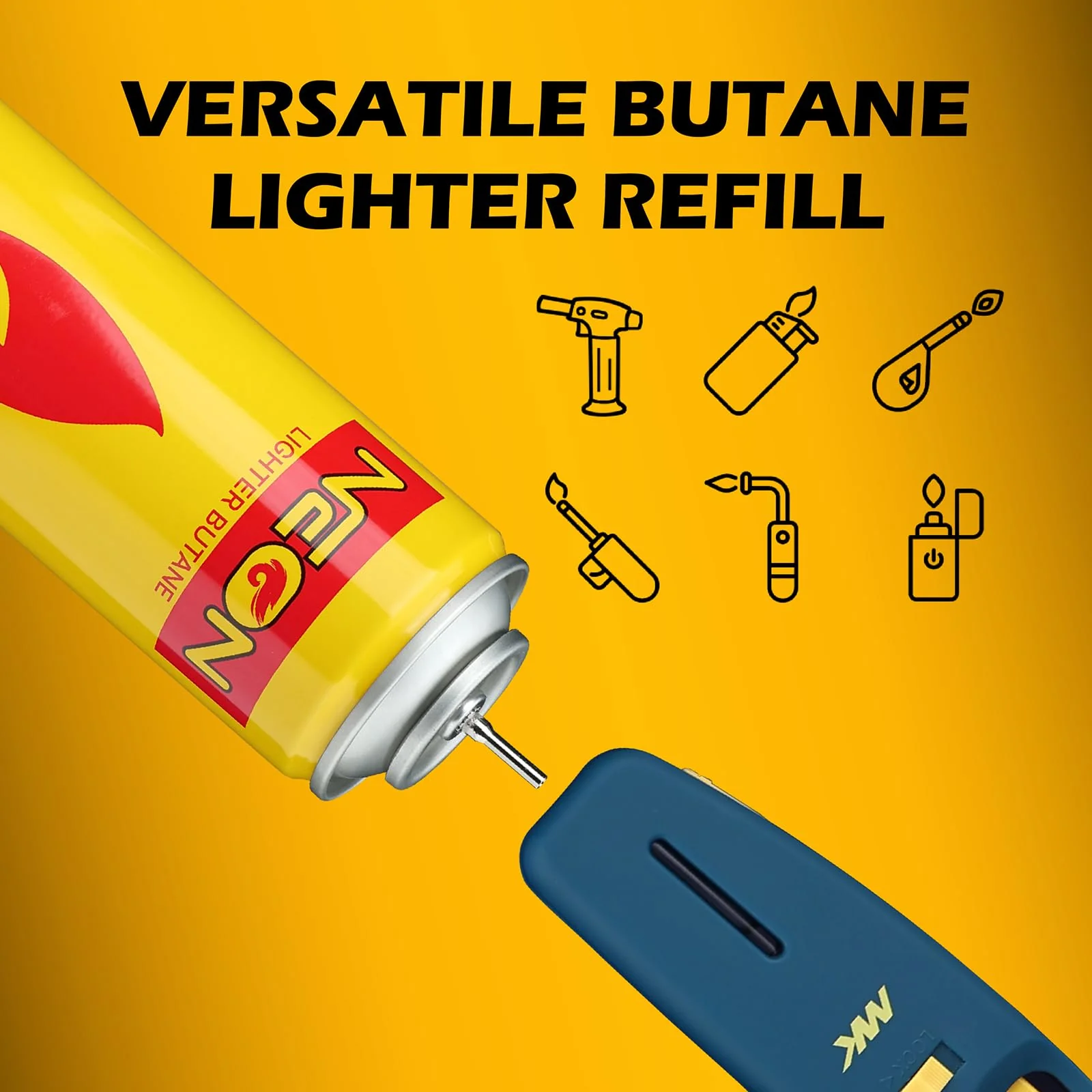 NEON Butane Fuel Refill, 300ml x 4 Cans Ultra Refined Lighter Fluid, Premium 99.999% Pure Butane Gas with Metal Nozzle and 5 Butane Adapter Tips for Torch Lighter, Kitchen Torches, Refillable Lighters - Image 3