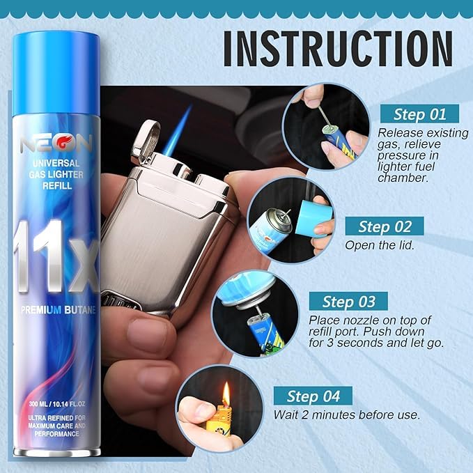 NEON Butane Lighter Refill 11X Ultra Refined Fuel Bundle, 300ml Premium Gas for Refillable Lighters and Torches, Universal Butane Fuel for Lighters Culinary Use and Stove Refilling – Pack of 4 - Image 3