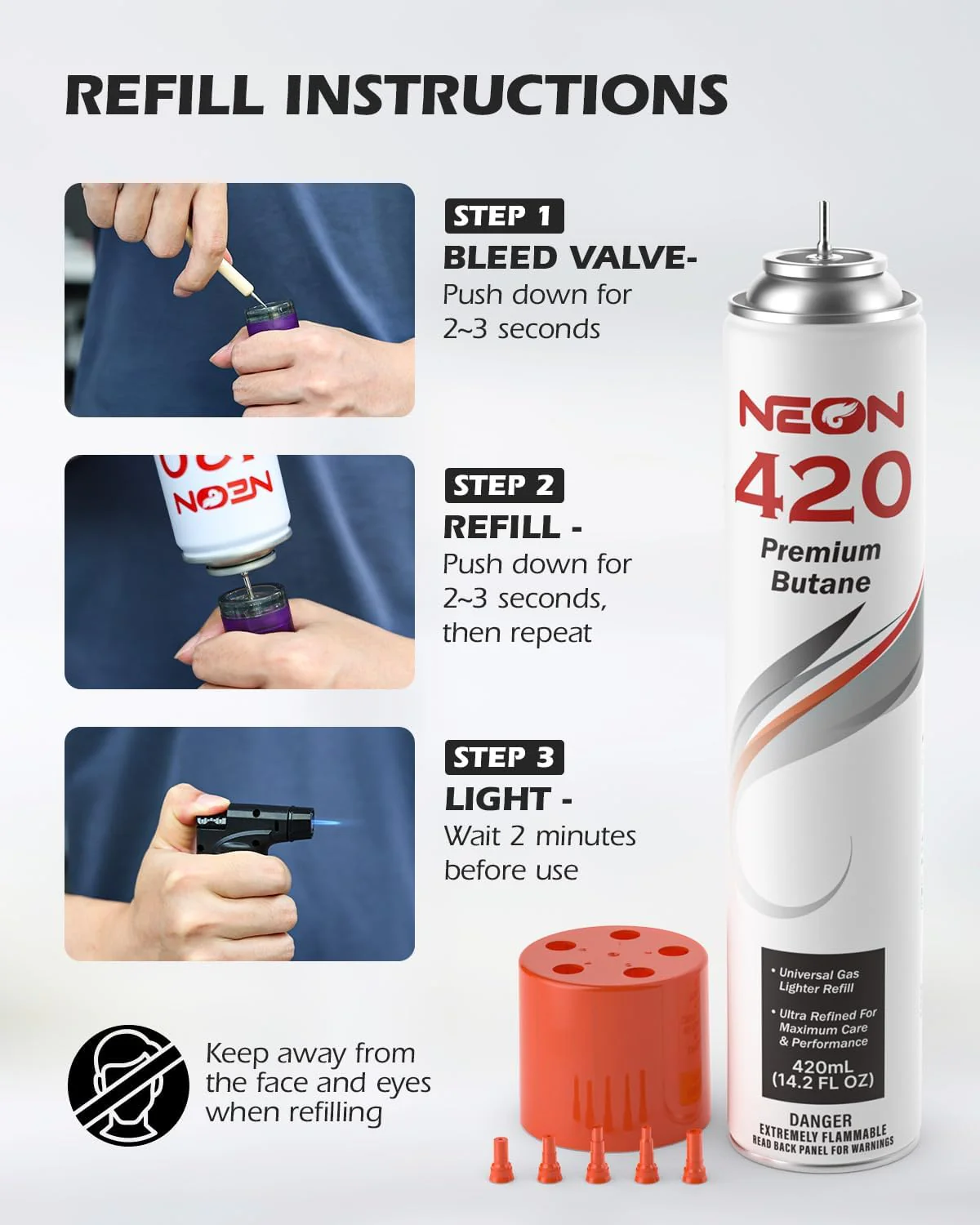 NEON Butane Refill 420ml, 11X Ultra Refined 0 Impurities Butane Fuel, Premium Universal Lighter Fluid with Metal Nozzle and 5 Butane Gas Refill Adapters for Refillable Lighters and Torches, 12 Cans - Image 2