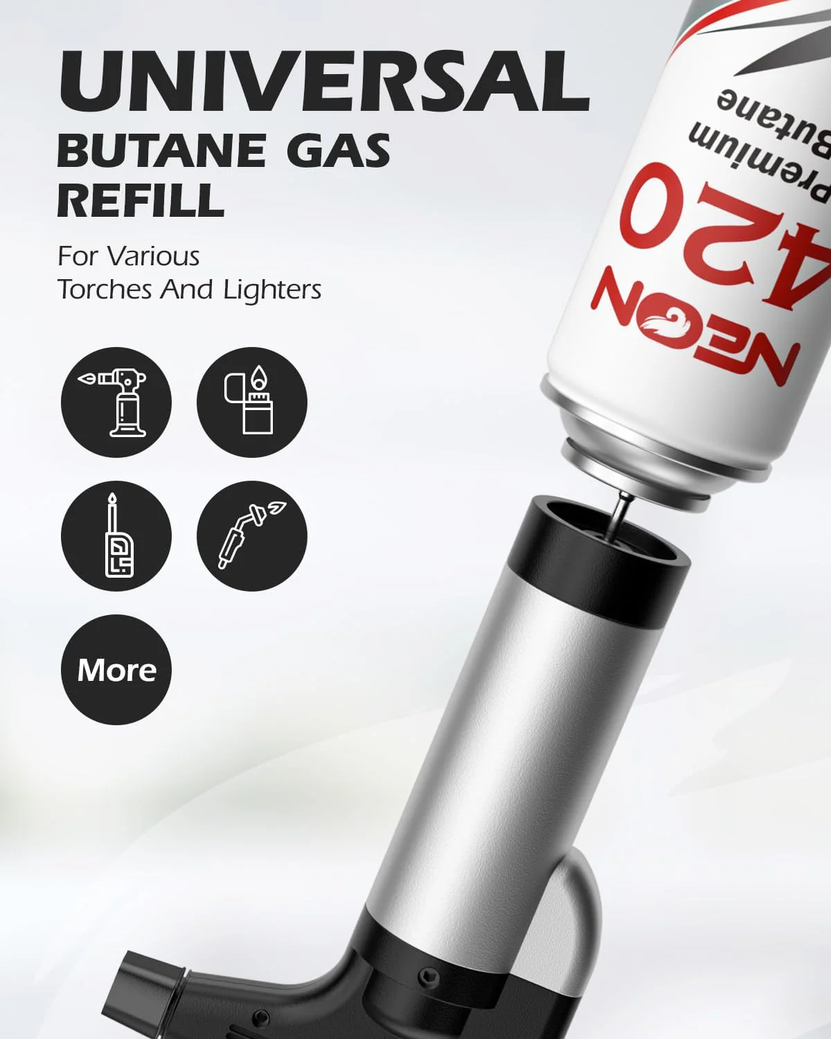NEON Butane Refill 420ml, 11X Ultra Refined 0 Impurities Butane Fuel, Premium Universal Lighter Fluid with Metal Nozzle and 5 Butane Gas Refill Adapters for Refillable Lighters and Torches, 12 Cans - Image 3
