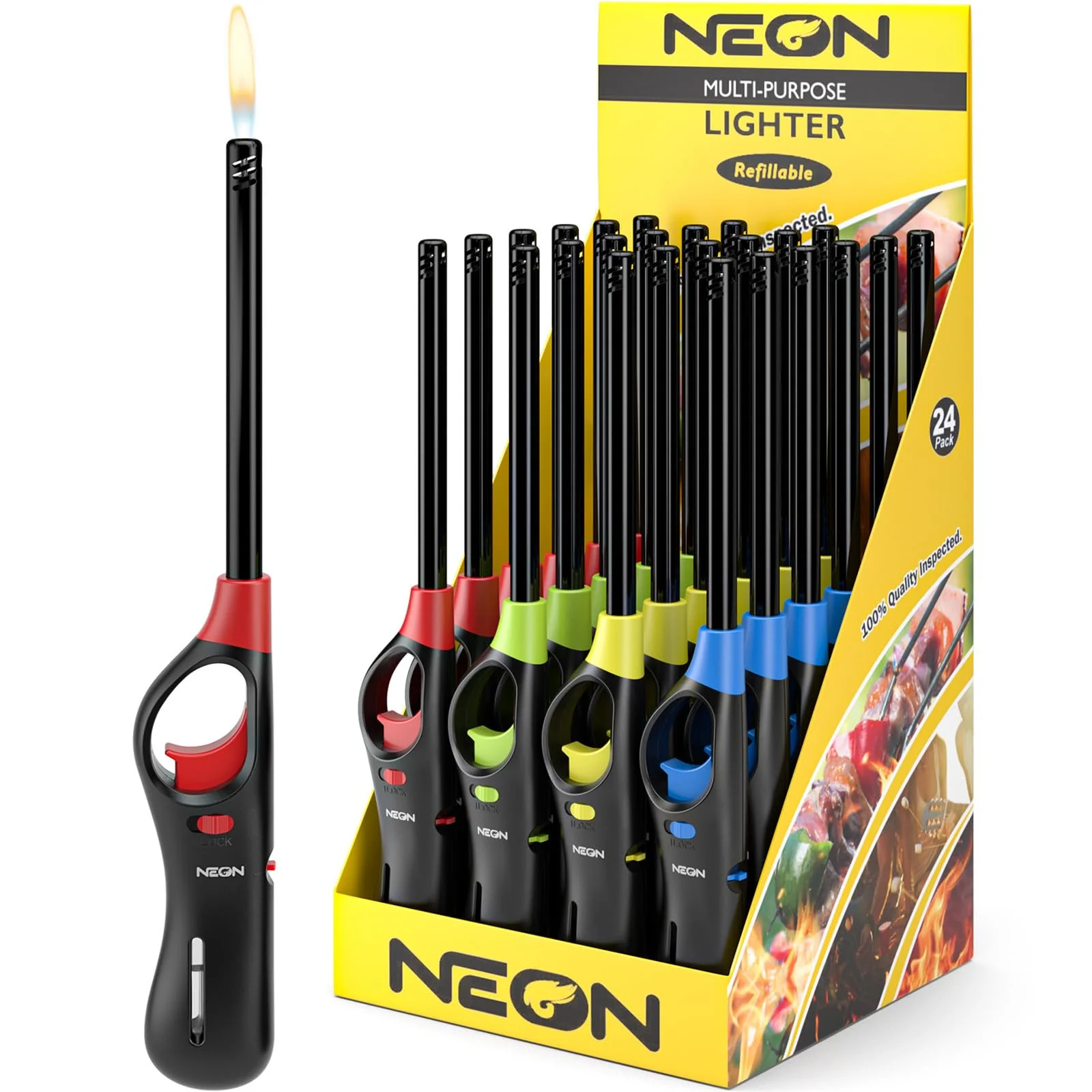 NEON Lighter, Refillable Butane Candle Lighter, 24 Pack Multi-Purpose Reusable Lighters with Long Metal Wand and Adjustable Soft Flame for BBQ, Grill, Stove, Camping, Hiking, Fireplaces, Kitchen