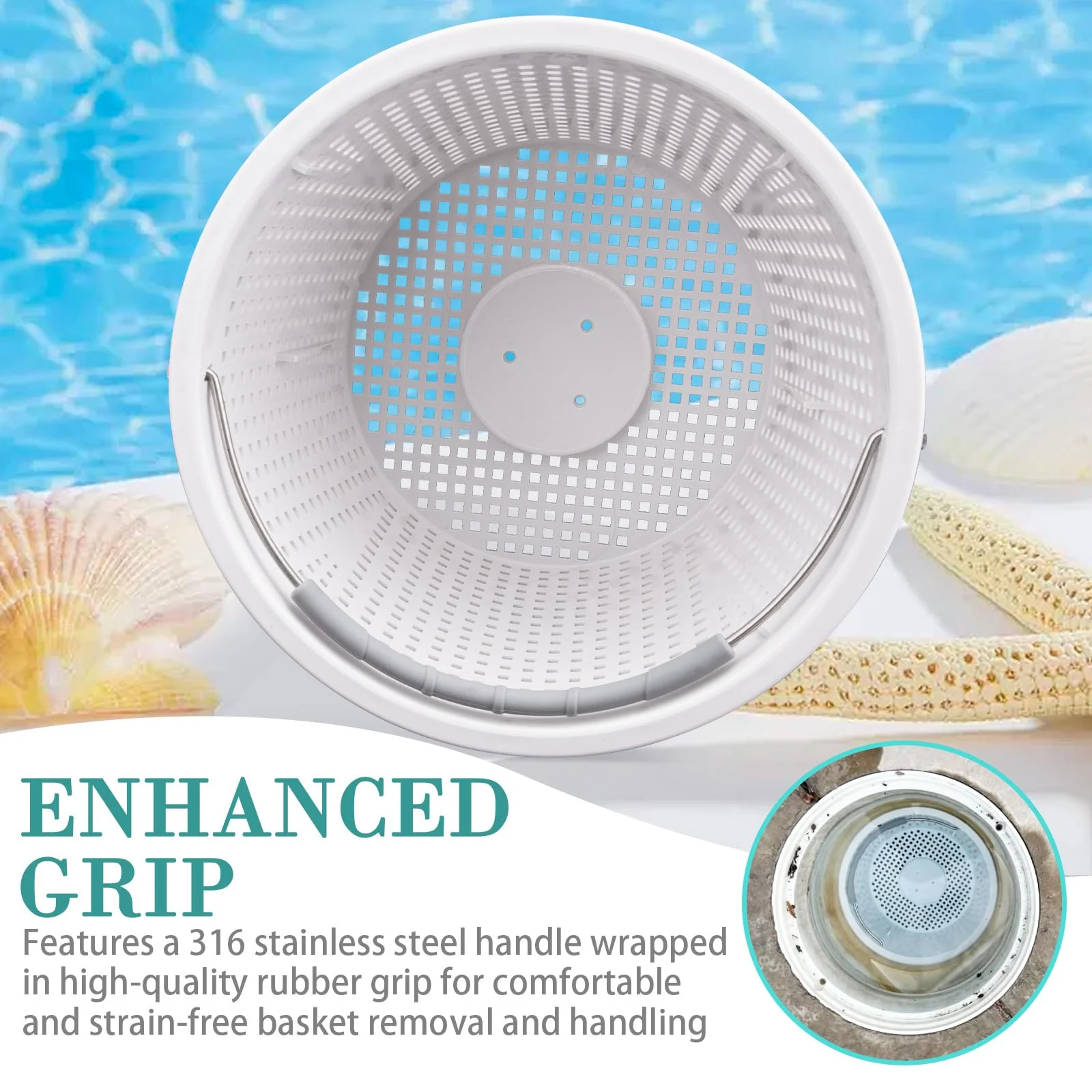Neowah 8" Pool Skimmer Basket for Inground Pool, Compatible with Pentair U-3 Skimmer Basket 08650-0007 and Hayward SP1070 SPX1070E Pool Basket,with Built-in Brass Weight, Handle and Rubber Grip - Image 5