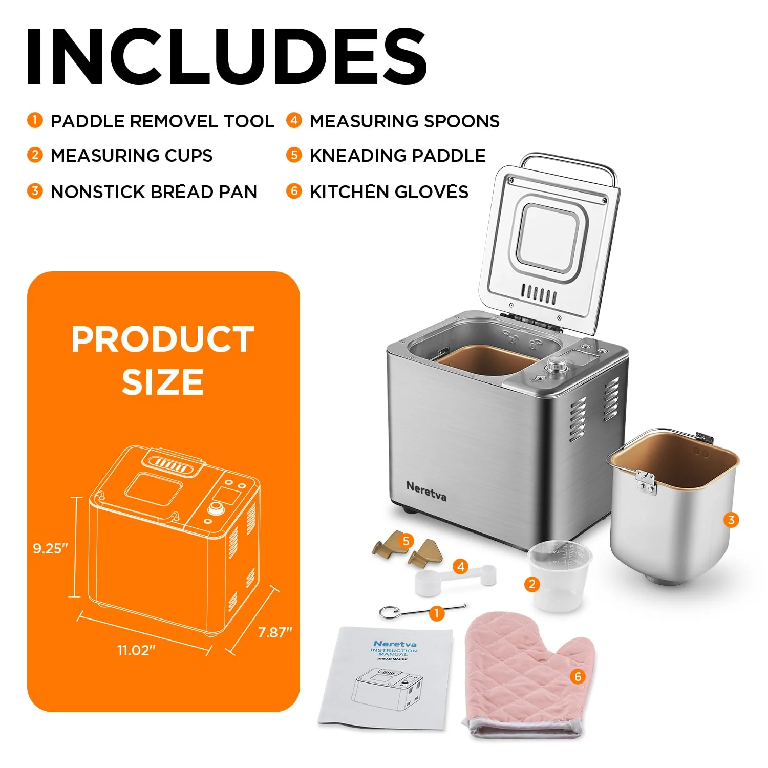 Neretva Bread Maker, 20-IN-1 2LB Bread Machine Dual Heater Bread Maker Machine Automatic with Nonstick Ceramic Pan, 15H Timer & 1H Keep Warm Set, Low Noise, Stainless Steel Breadmaker Recipe-Silver - Image 4