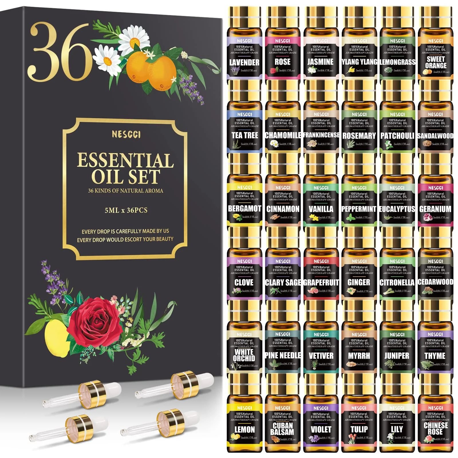 NESCCI Essential Oil Set - Essential Oils 36 x 5ML - Essential Oils Gift Set for Diffuser, Humidifier, Soap, Candle, Bath Bombs Making, Halloween, Christmas