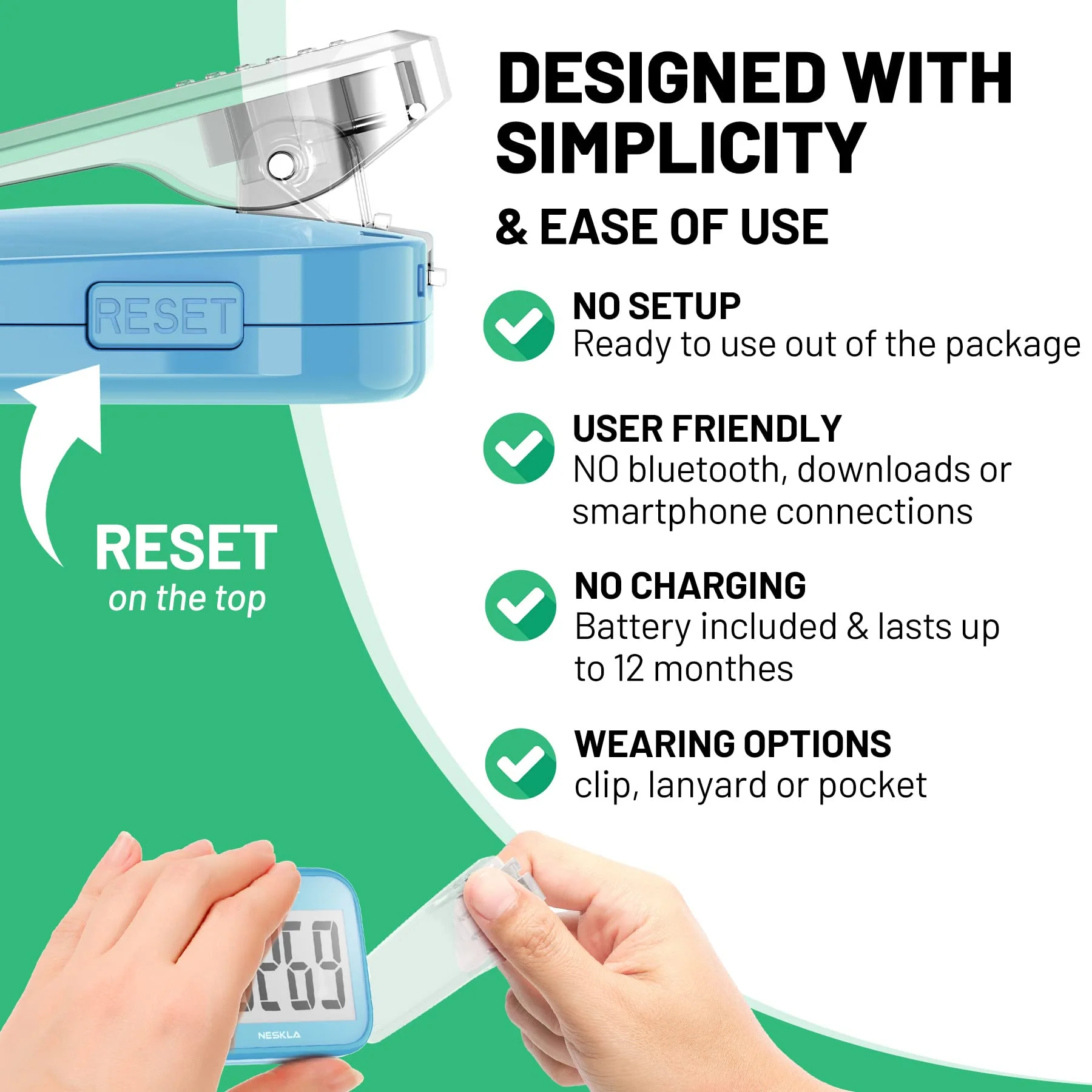 NESKLA 3D Pedometer for Walking, Simple Step Counter with Large Digital Display, Step Tracker with Removable Clip Lanyard, Accurately Track Steps for Men Women Kids Adults Seniors - Image 5